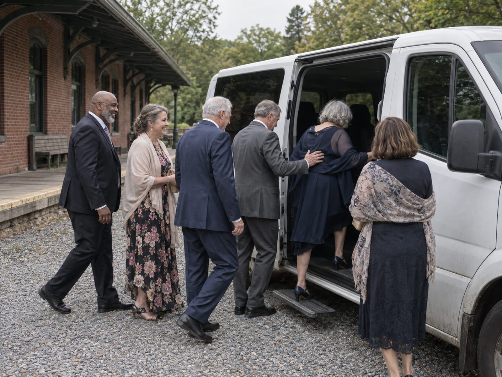 Wedding guests in their fifties and sixties in formal clothes stepping into a plain white shuttle van parked on a gravel drive beside a small brick train station