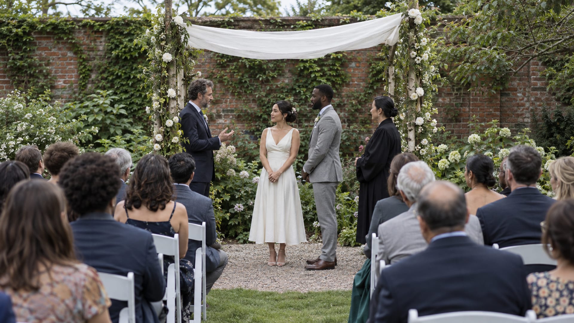 Una ceremonia interreligiosa en un jardín amurallado bajo un dosel de tela blanca sobre cuatro postes con flores, una pareja de unos treinta años frente a dos oficiantes, uno de traje oscuro y otro de túnica oscura; una mujer de piel clara y rasgos del este de Asia con vestido midi marfil y un hombre de piel morena oscura con traje gris claro, y unos treinta invitados en sillas blancas