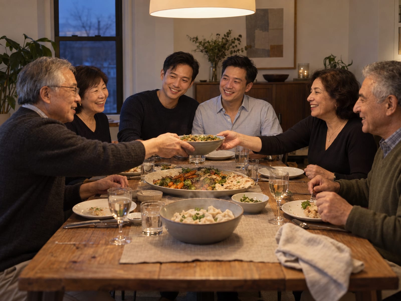 Dos hombres de unos treinta años, ambos de piel clara y rasgos del este de Asia, cenan con los padres de ambas familias, de unos sesenta años, alrededor de una misma mesa en el comedor de un apartamento, pasándose platos de dos cocinas distintas mientras uno de los padres se ríe