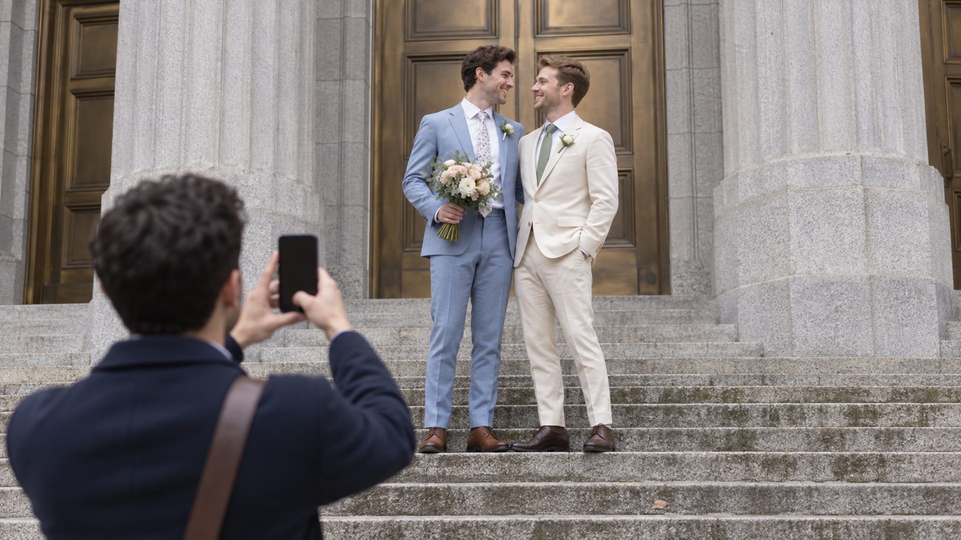 Two men in their late twenties, both with fair skin, in light blue and cream suits on the wide granite steps of a civic building, one holding a small bouquet, a friend below photographing them with a phone