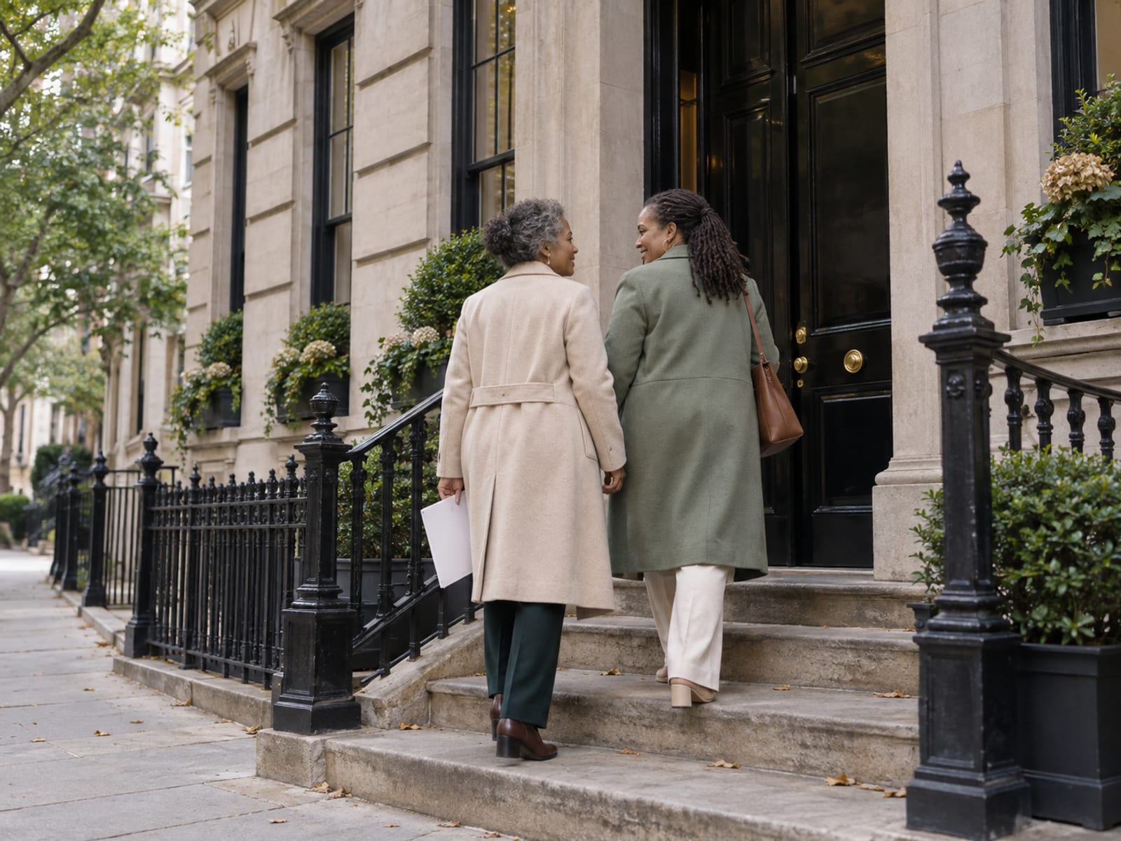 Two women in their fifties with medium brown skin, in smart coats, walking up to the dark front door of an elegant limestone townhouse on a quiet tree-lined street