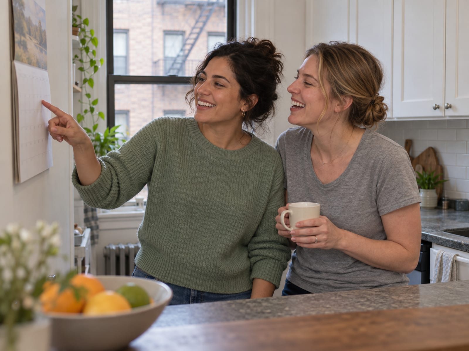 Two women in their thirties, one with medium olive skin and one with fair skin, at a Queens apartment kitchen counter in the morning, one pointing at a blurred paper wall calendar while the other laughs holding a mug