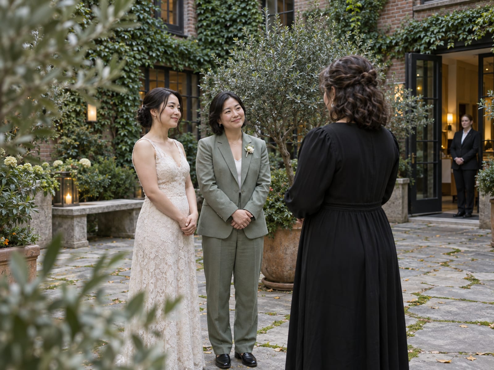Two women in their thirties, both with light skin, in a cream lace dress and a sage green suit, with an officiant in a small hotel courtyard garden with ivy-covered brick walls and potted olive trees, a staff member waiting by an open doorway