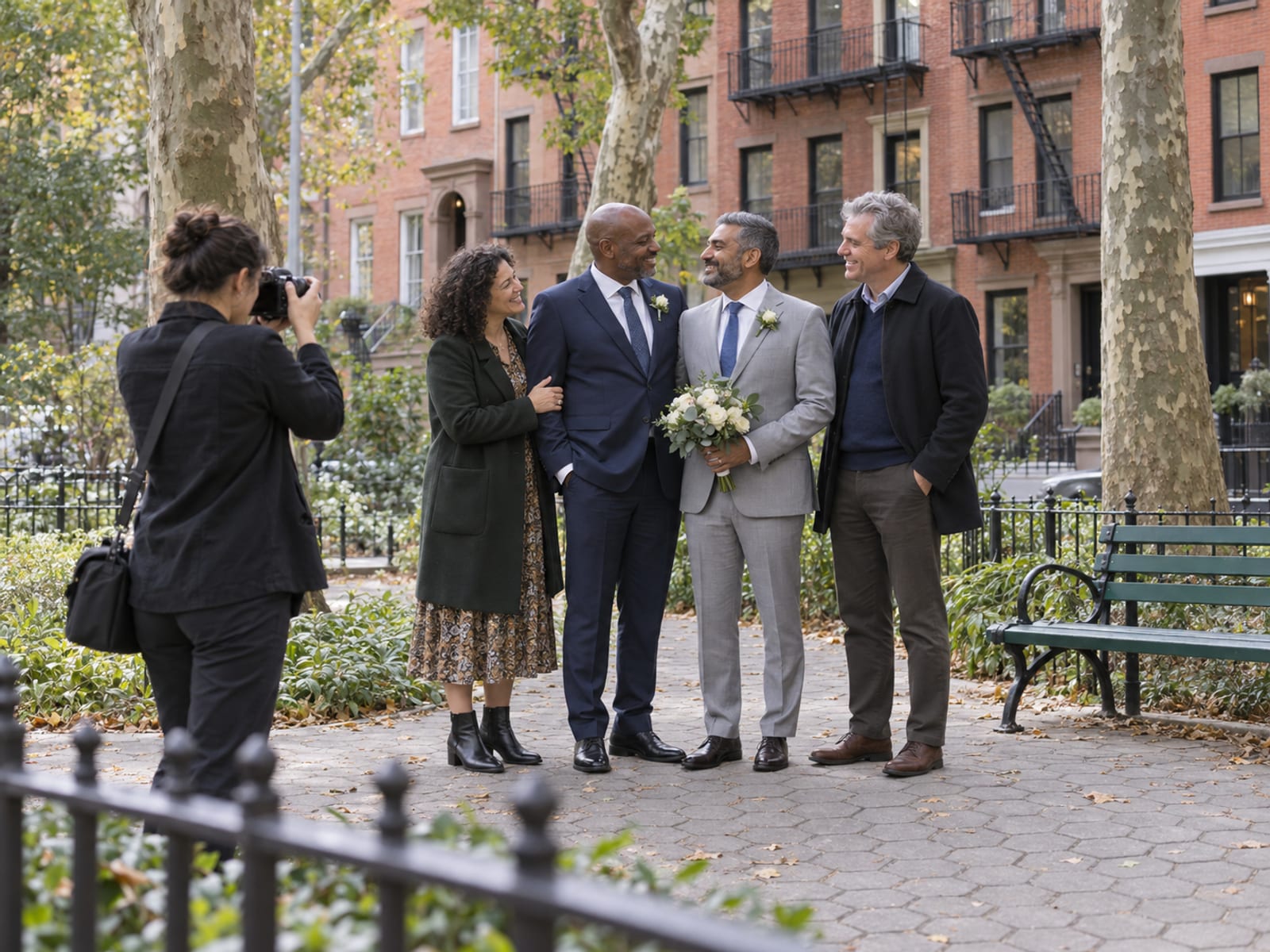 Two men in their fifties, one with dark skin and one with light tan skin and South Asian features, stand with two friends and a photographer in a small triangular park with a low iron fence and old trees on a quiet morning