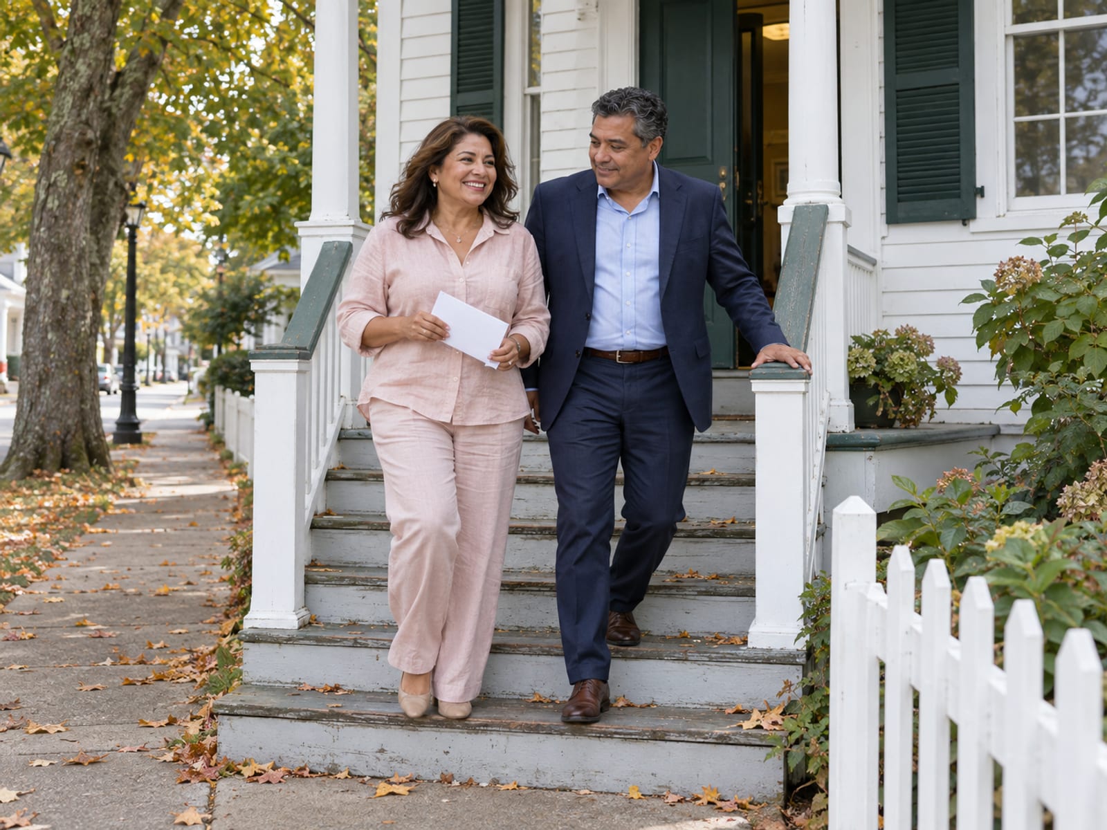 A woman and a man in their fifties, both with golden brown skin, walking down the wooden steps of a small white clapboard town office with green shutters on a village main street, she holding a plain envelope
