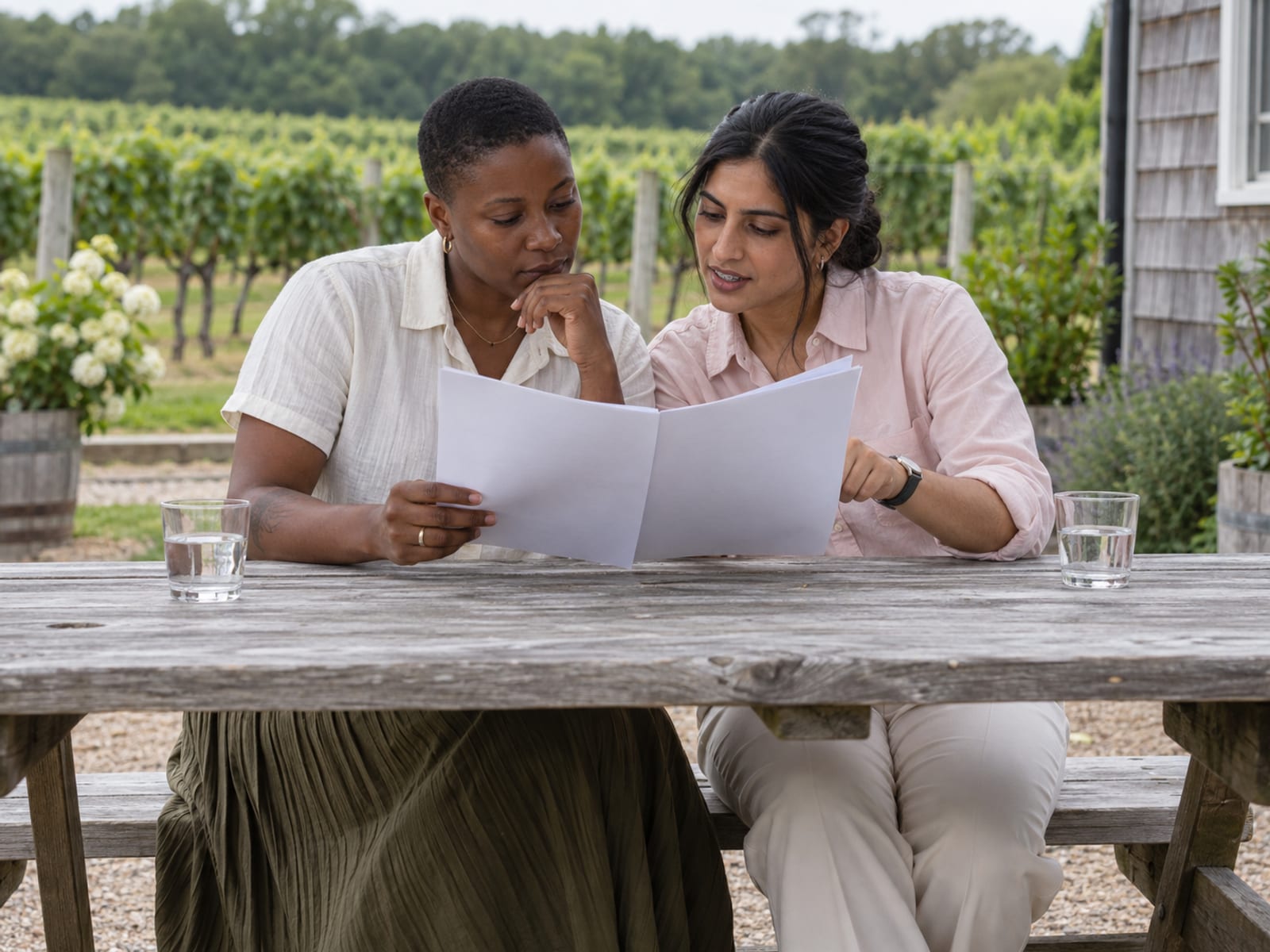 Two people in their thirties, one with dark skin and one with light tan skin, at a wooden picnic table on a winery patio reading a few stapled sheets turned toward them, only the blank backs facing the camera, grapevines behind
