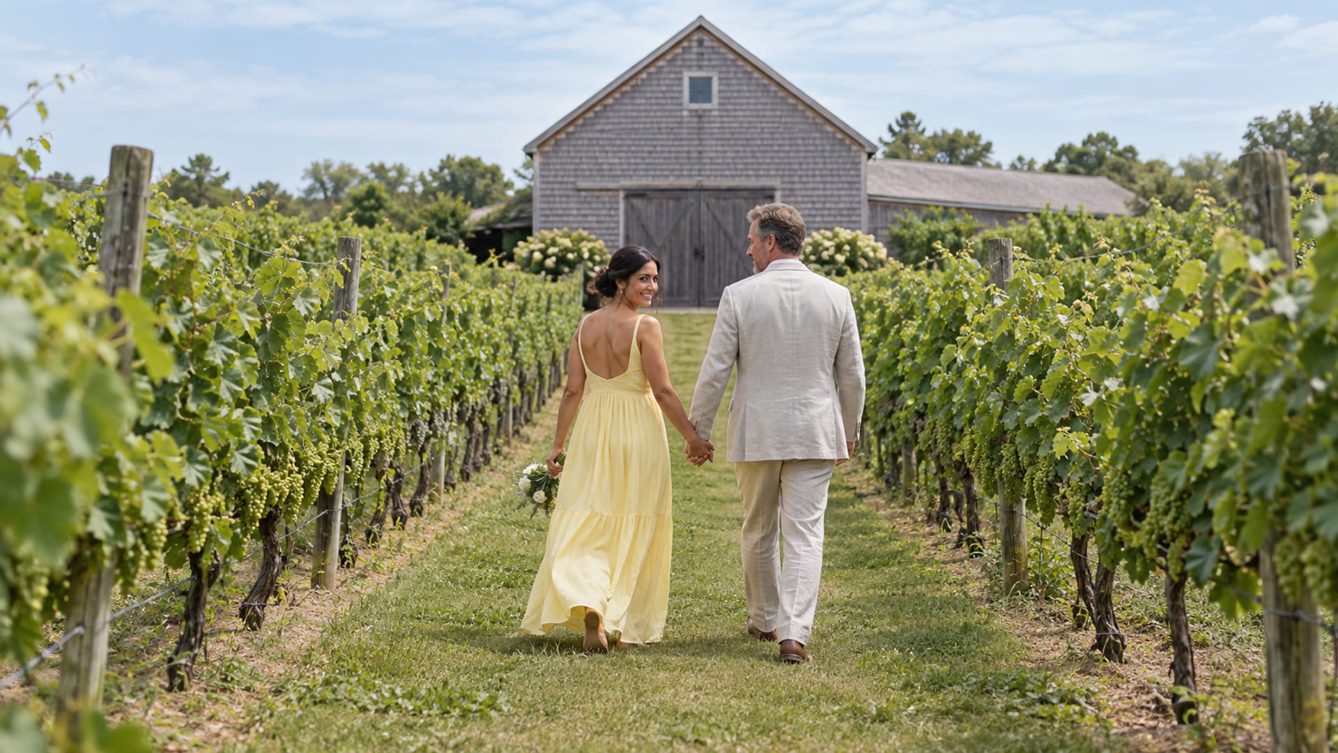 A woman with medium olive skin in a butter yellow sundress and a man with fair skin in a light linen suit, both in their forties, walking between rows of green grapevines on flat farmland in summer, a shingled winery barn behind