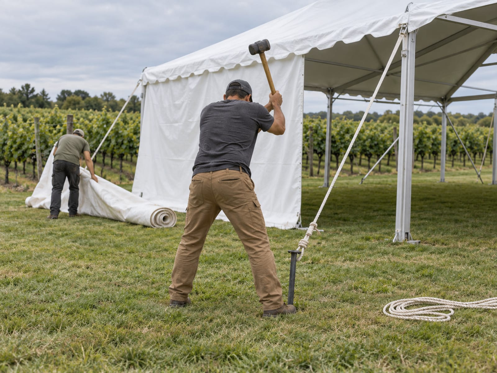 A tent crew member seen from behind hammering a stake for the guy rope of a white frame tent on a vineyard lawn, a second member unrolling side walls