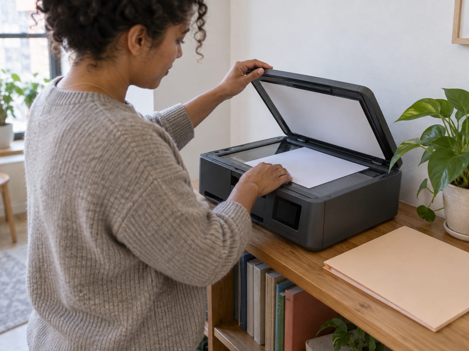 A person in their thirties lifting the lid of an unbranded home printer scanner on an apartment shelf over a single sheet laid face down on the glass, a closed folder beside the machine