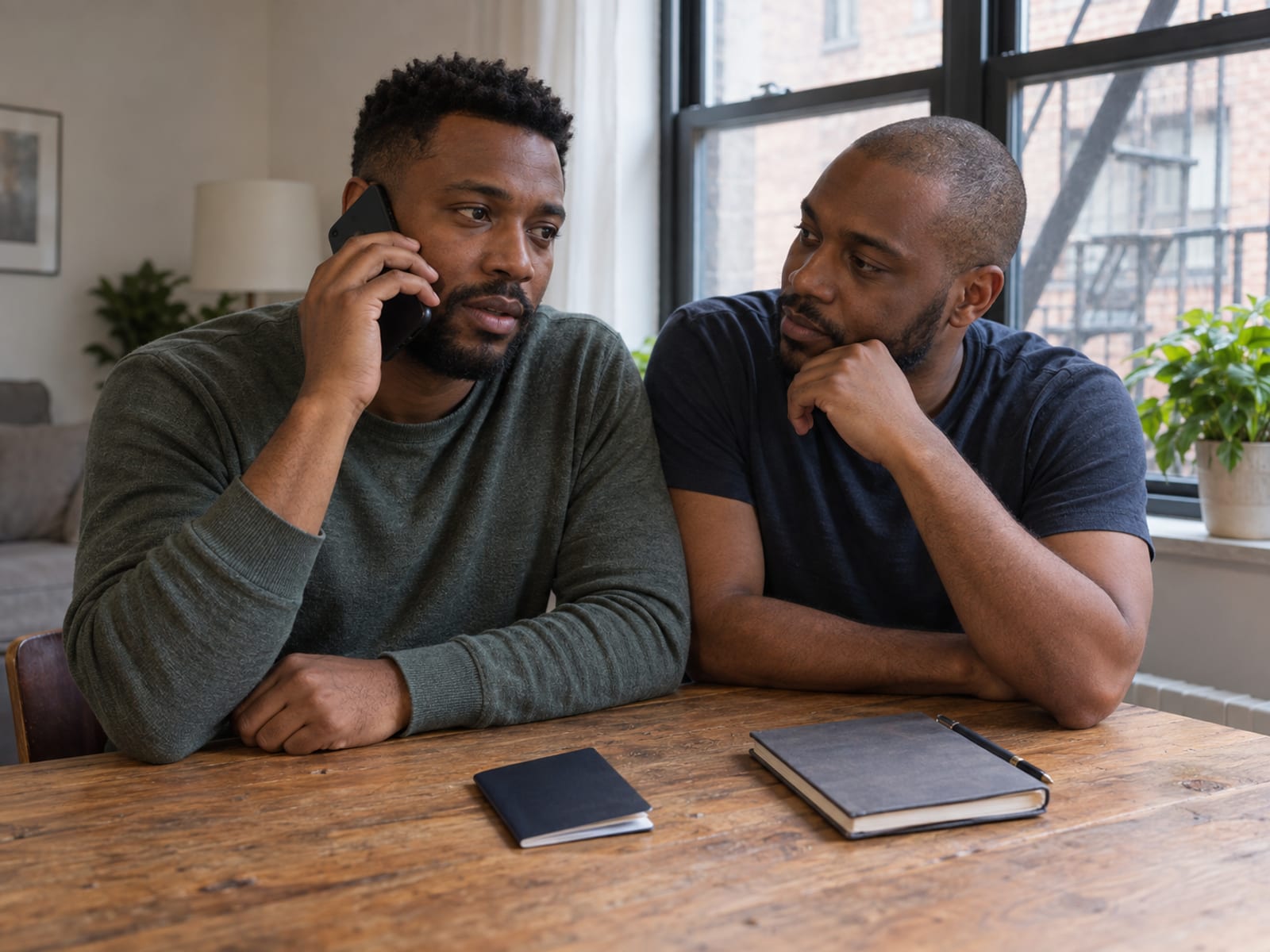 Two men with deep brown skin at a wooden table by an apartment window, one on a phone call and the other listening, a closed passport and a closed notebook on the table