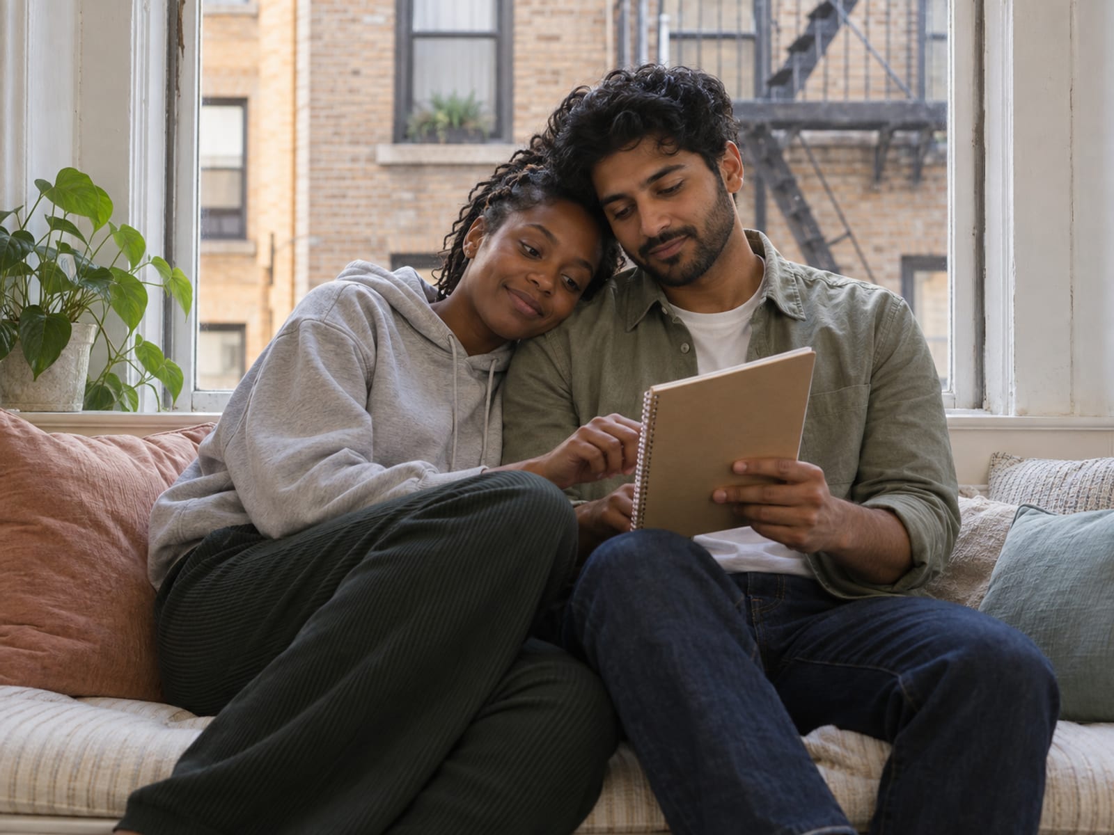 A woman and a man in their late twenties, one with dark skin and one with light tan skin and South Asian features, sitting close together on an apartment window seat, one counting weeks in a small spiral planner held away from the camera, the other leaning on their shoulder