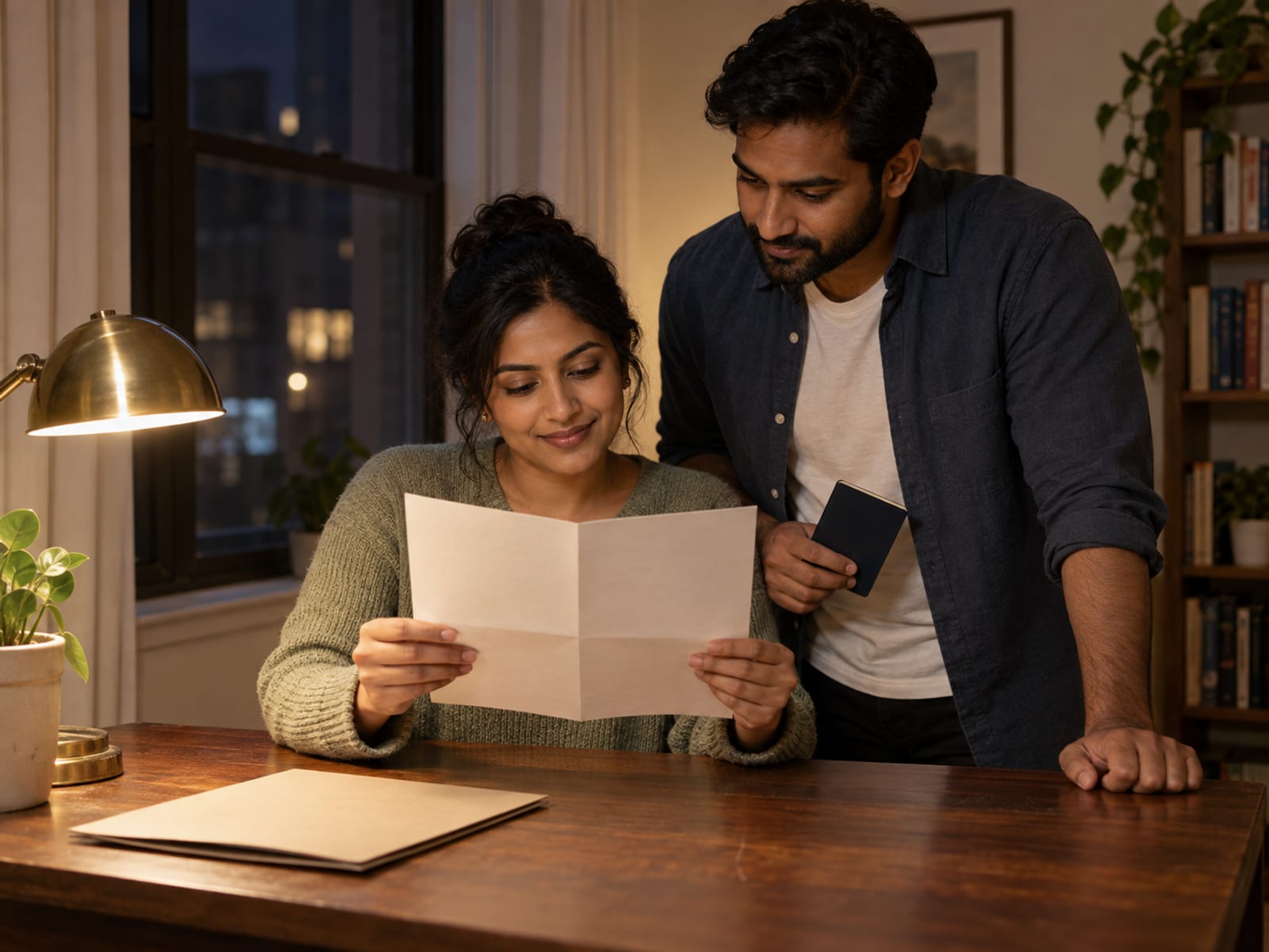 A woman and a man in their thirties, both with warm tan skin and South Asian features, at a small writing desk in an apartment in the evening, one reading a folded document whose blank back faces the camera, the other holding a closed dark passport and listening, lamp light