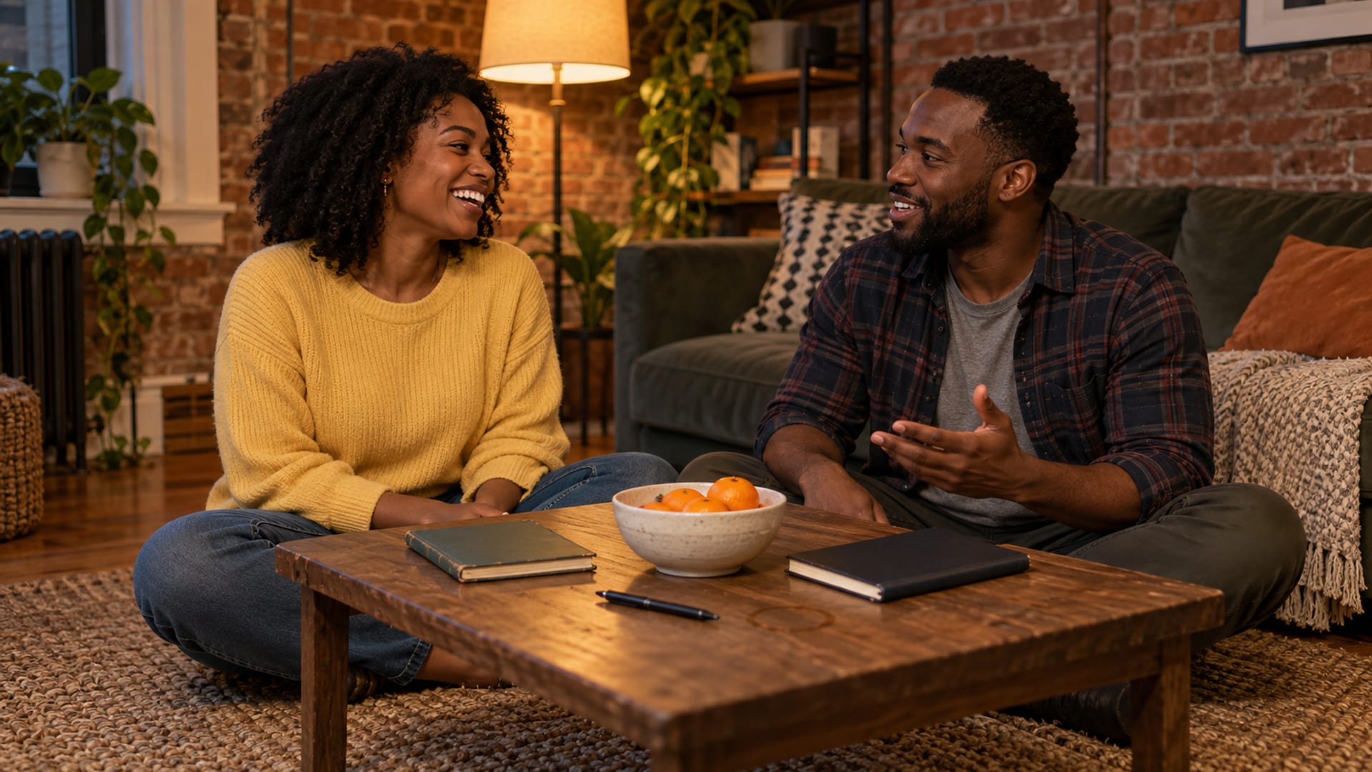 A couple in their early thirties, a woman and a man both with dark brown skin, sitting cross-legged on a rug across a low coffee table in a Brooklyn apartment in the evening, two closed notebooks and a bowl of clementines on the table, one mid-laugh, a brick wall behind