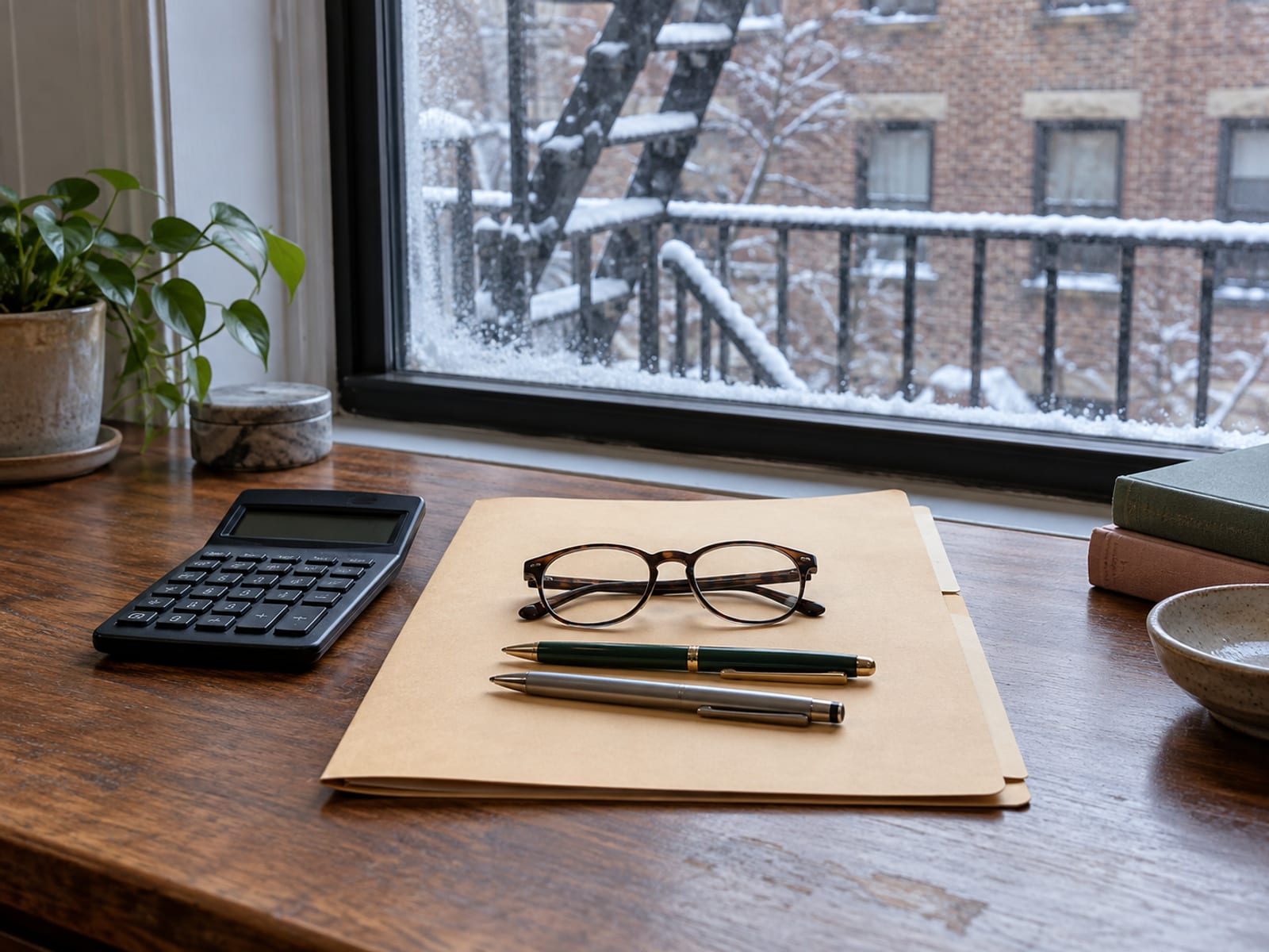A plain closed manila folder, a desk calculator with a dark display, two pens and a pair of reading glasses on a wooden desk by a window, a snowy black fire escape outside