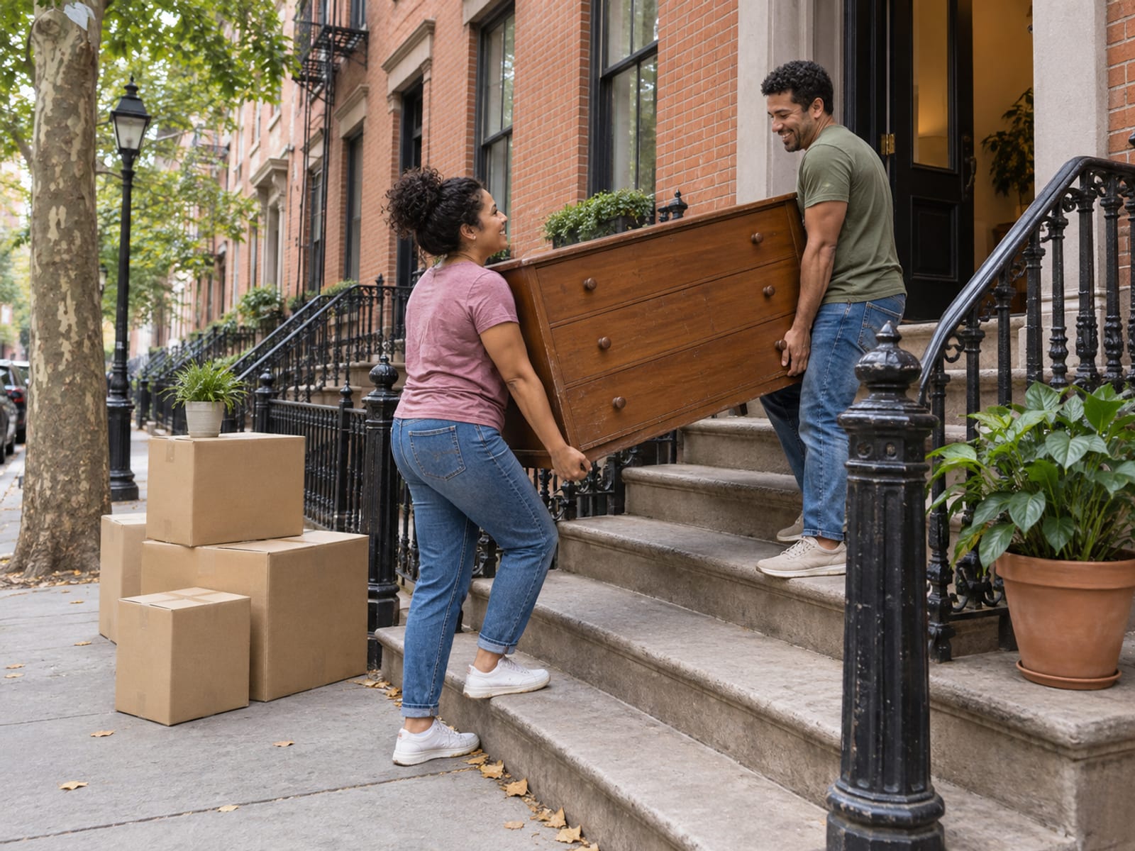 A woman and a man in their thirties, both with golden brown skin and Latin American features, carrying the two ends of a wooden dresser up the stoop of a brick rowhouse, plain cardboard boxes stacked on the sidewalk and a potted plant on the bottom step