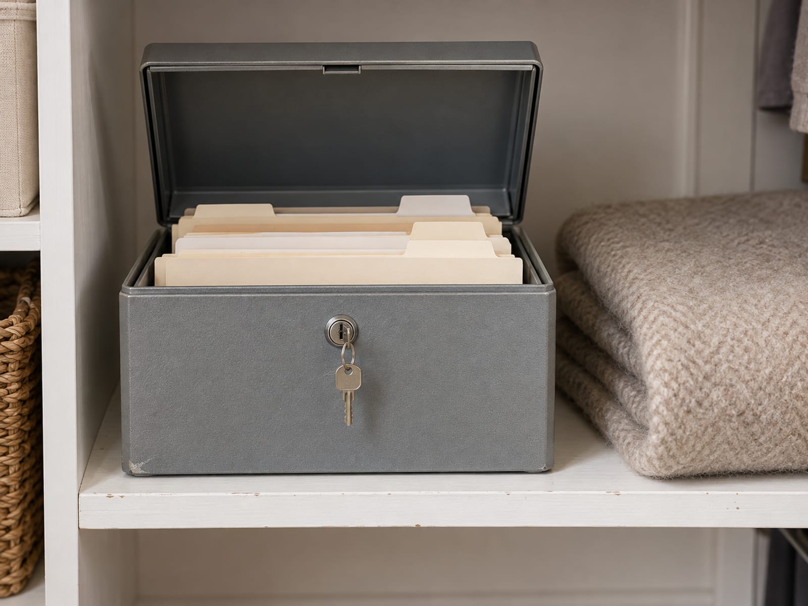 A small grey fireproof document box standing open on a closet shelf with plain folders upright inside, the key in its lock, a folded wool blanket beside it