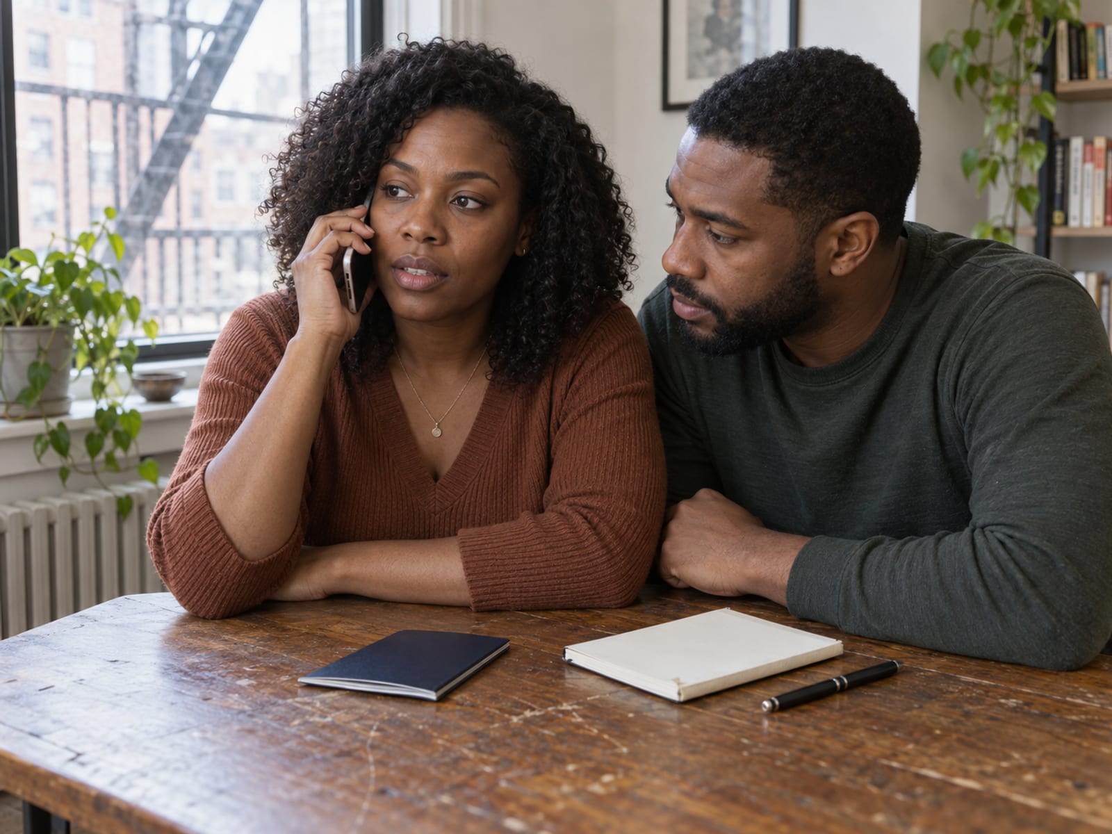A woman and a man with deep brown skin at a wooden table by an apartment window, she on a phone call and he listening, a closed passport and a closed notebook on the table