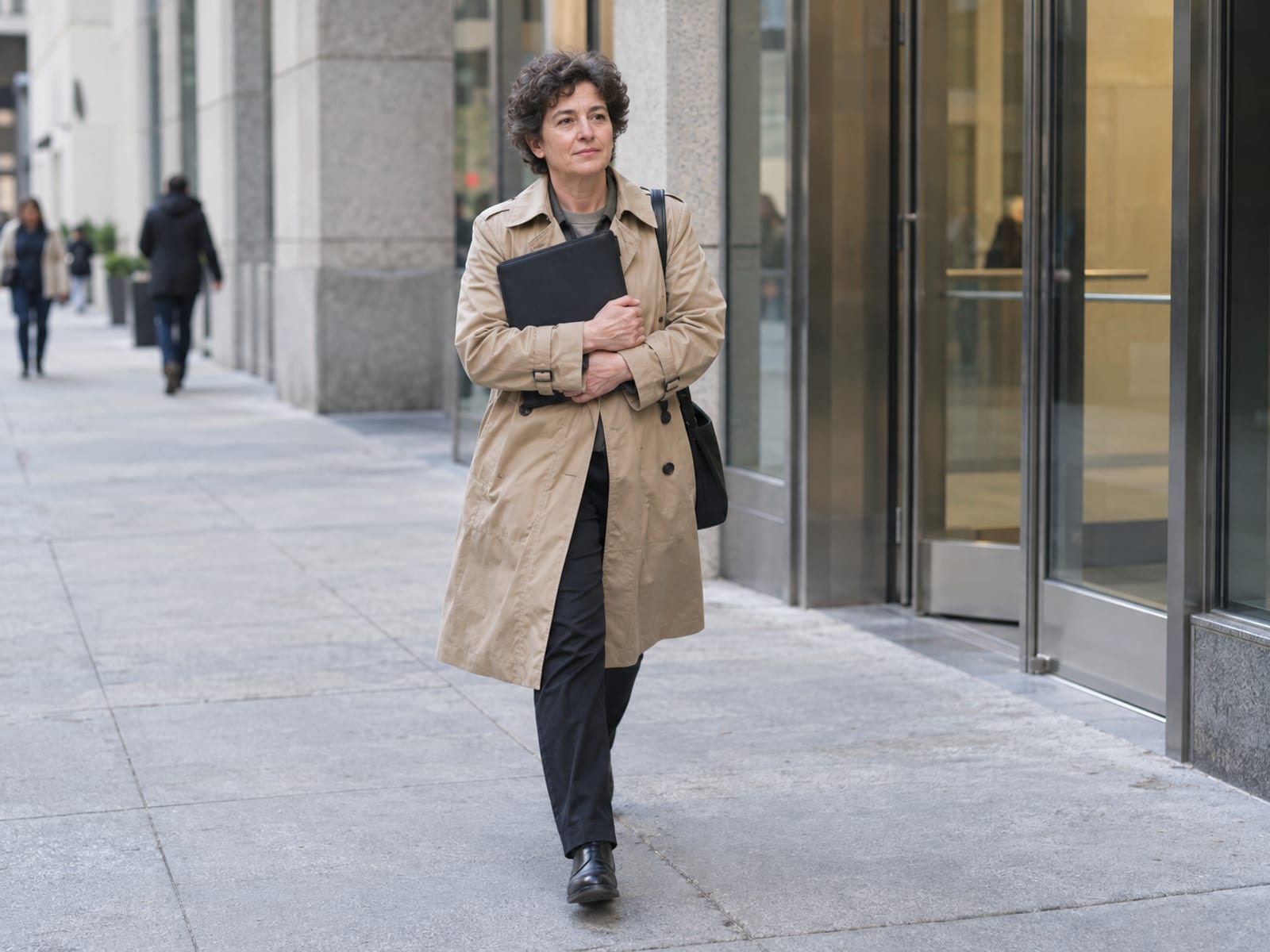 Una persona de unos cuarenta años camina por una acera del centro hacia la entrada de vidrio de un gran edificio de oficinas, con una carpeta oscura cerrada apretada contra el pecho