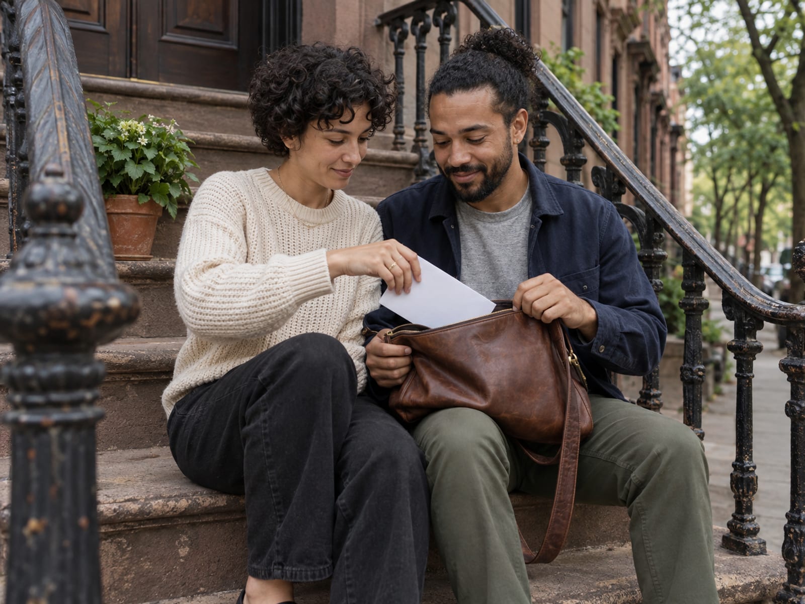 A person in their thirties on a brownstone stoop sliding a plain white envelope into a leather shoulder bag held open by their spouse