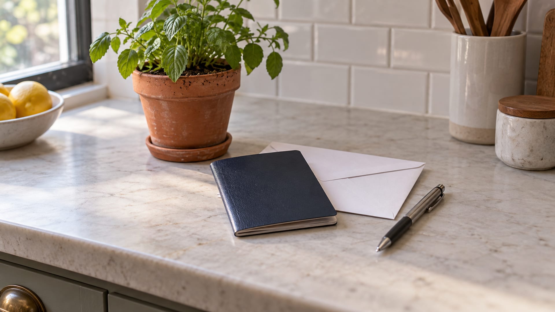 A closed passport, a plain envelope, a pen and a small potted plant on an apartment kitchen counter in soft window light