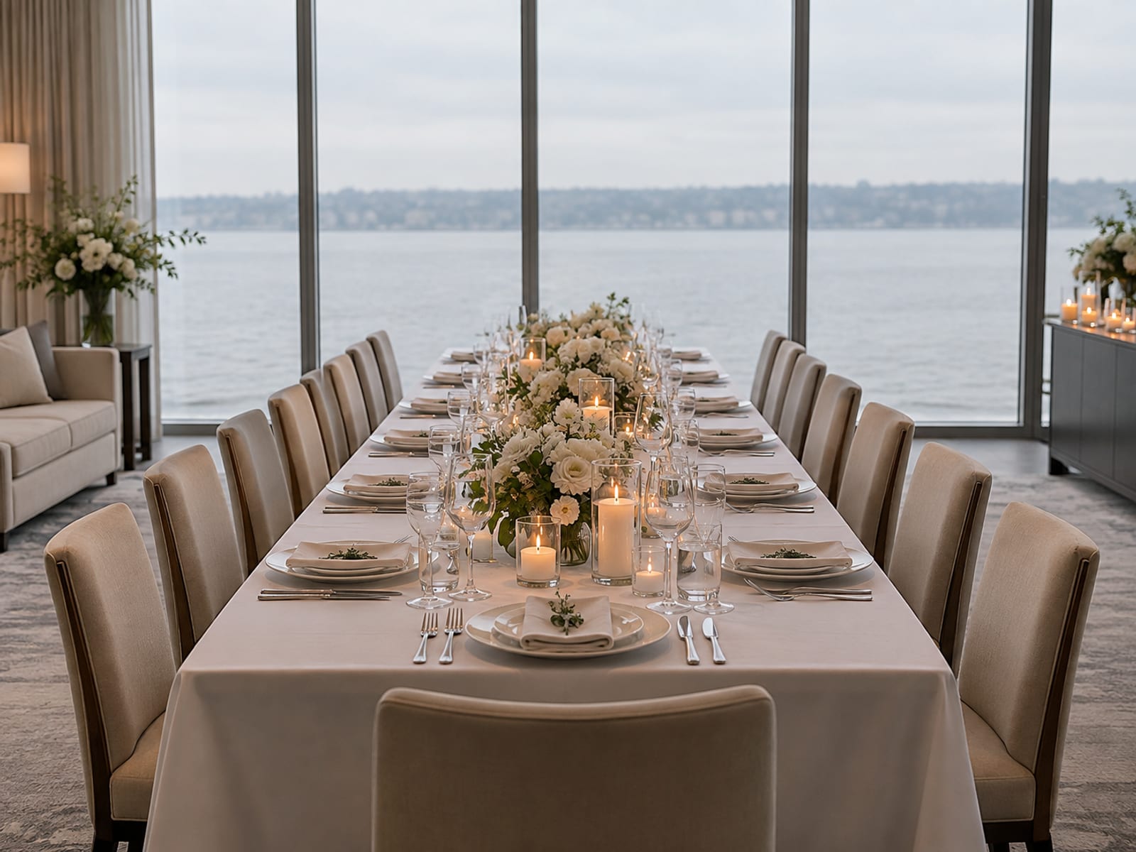 A hotel suite set for a small reception of about twenty, one long table with white linen, low white flowers and candles, tall windows onto grey river water