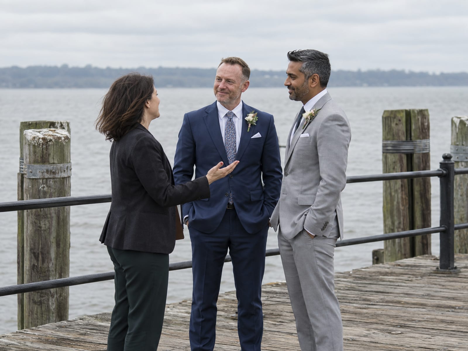 An officiant seen from the side talking with two men in their forties, one with fair freckled skin and one with medium brown skin, in navy and light grey suits on a wooden waterfront pier with old pilings