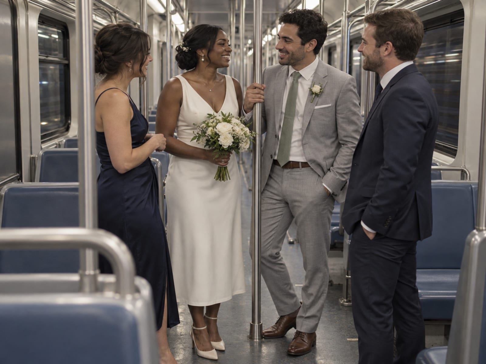 A woman and a man in their thirties, she with deep brown skin and he with light olive skin, in an ivory midi dress and a light grey suit, stand with two guests holding a steel pole in a quiet commuter train car