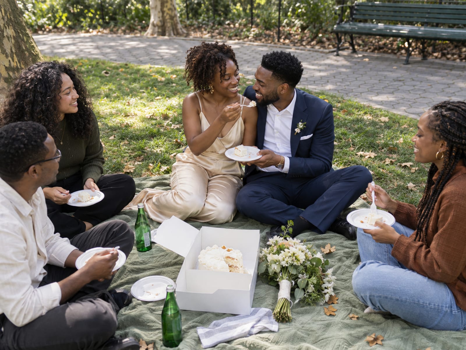 A woman and a man in their twenties, both with dark brown skin, she in a champagne jumpsuit and he in a navy suit, share a picnic on a blanket under plane trees with three friends, a small white cake and a bouquet beside them