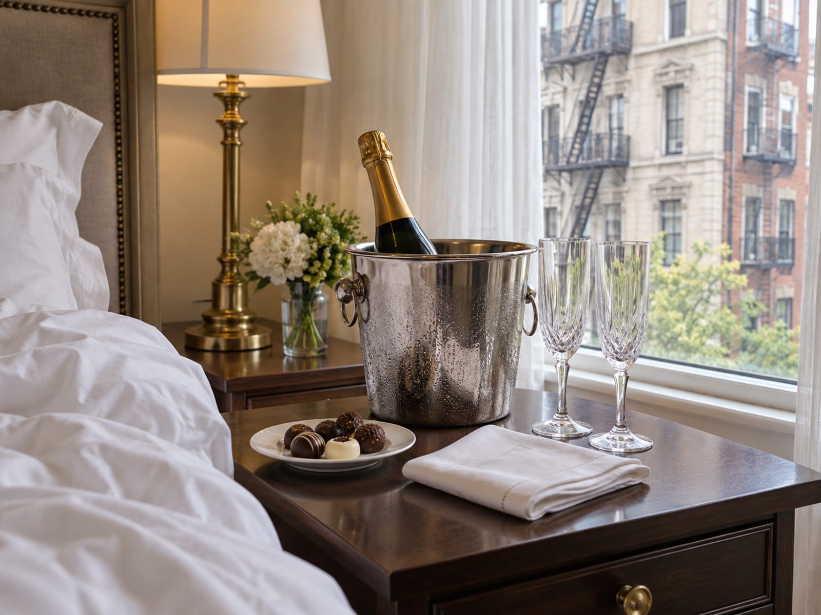 A bedside table in a classic hotel room with an unlabelled champagne bottle in a silver bucket, two flutes and a plate of chocolates beside tumbled white sheets and a tall window facing prewar buildings