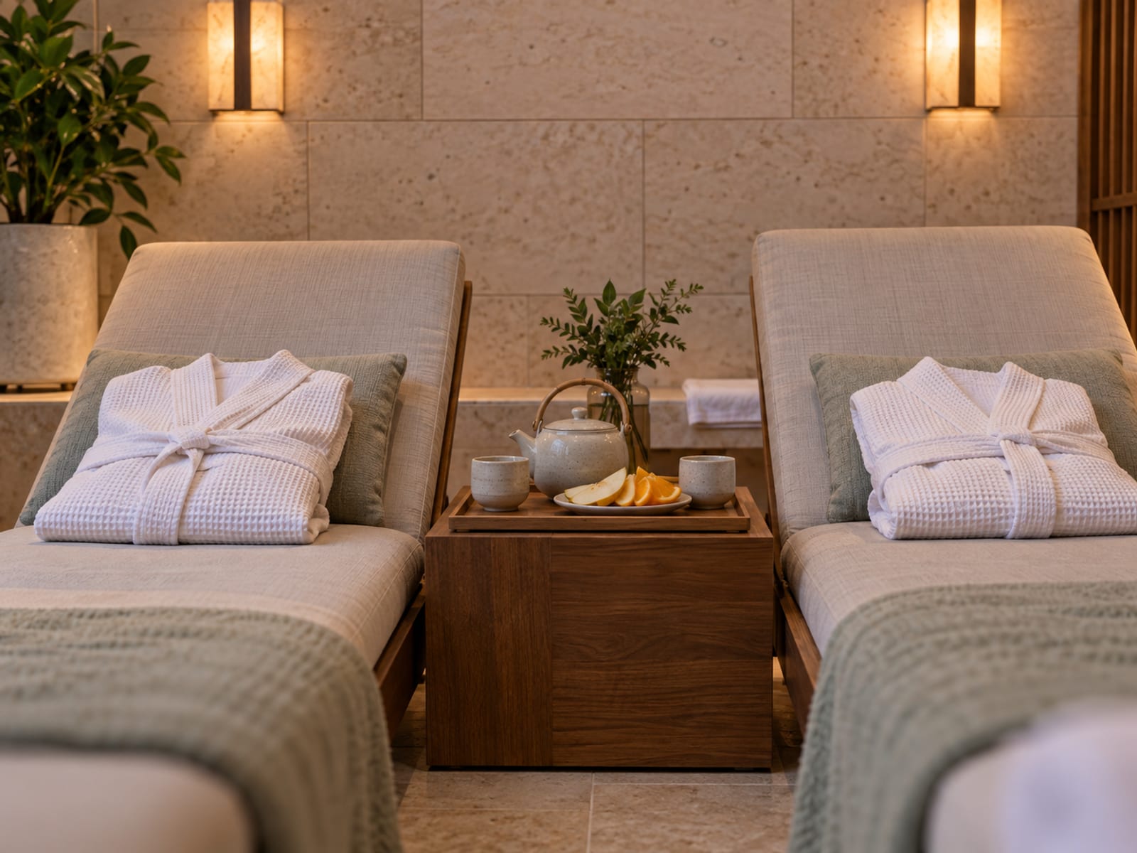 A quiet spa relaxation room with two folded white robes on cushioned loungers, a low tray holding a teapot and sliced fruit, a pale stone wall and dimmed warm light