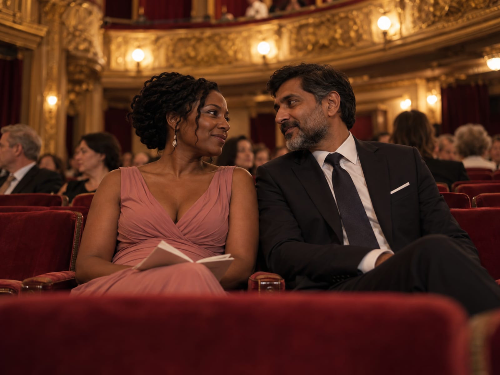 A woman and a man in their forties in evening clothes, one with dark skin and one with light tan skin and South Asian features, seated in red velvet theater seats with a softly lit balcony above and other audience members blurred