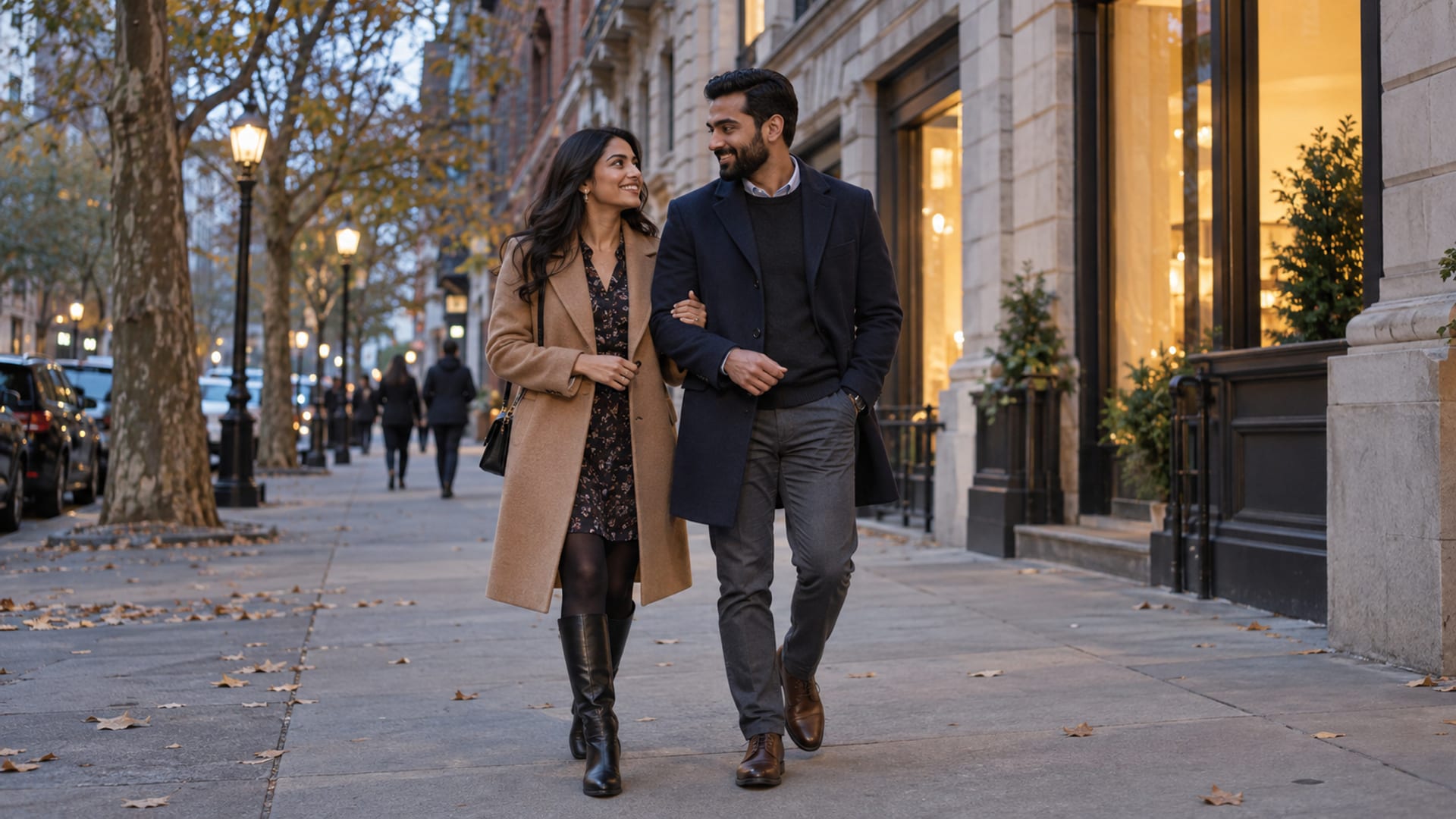 A woman and a man in their thirties, both with warm tan skin and South Asian features, walk arm in arm along a Manhattan avenue at dusk in light autumn coats, softly glowing shop windows and plane trees beside them