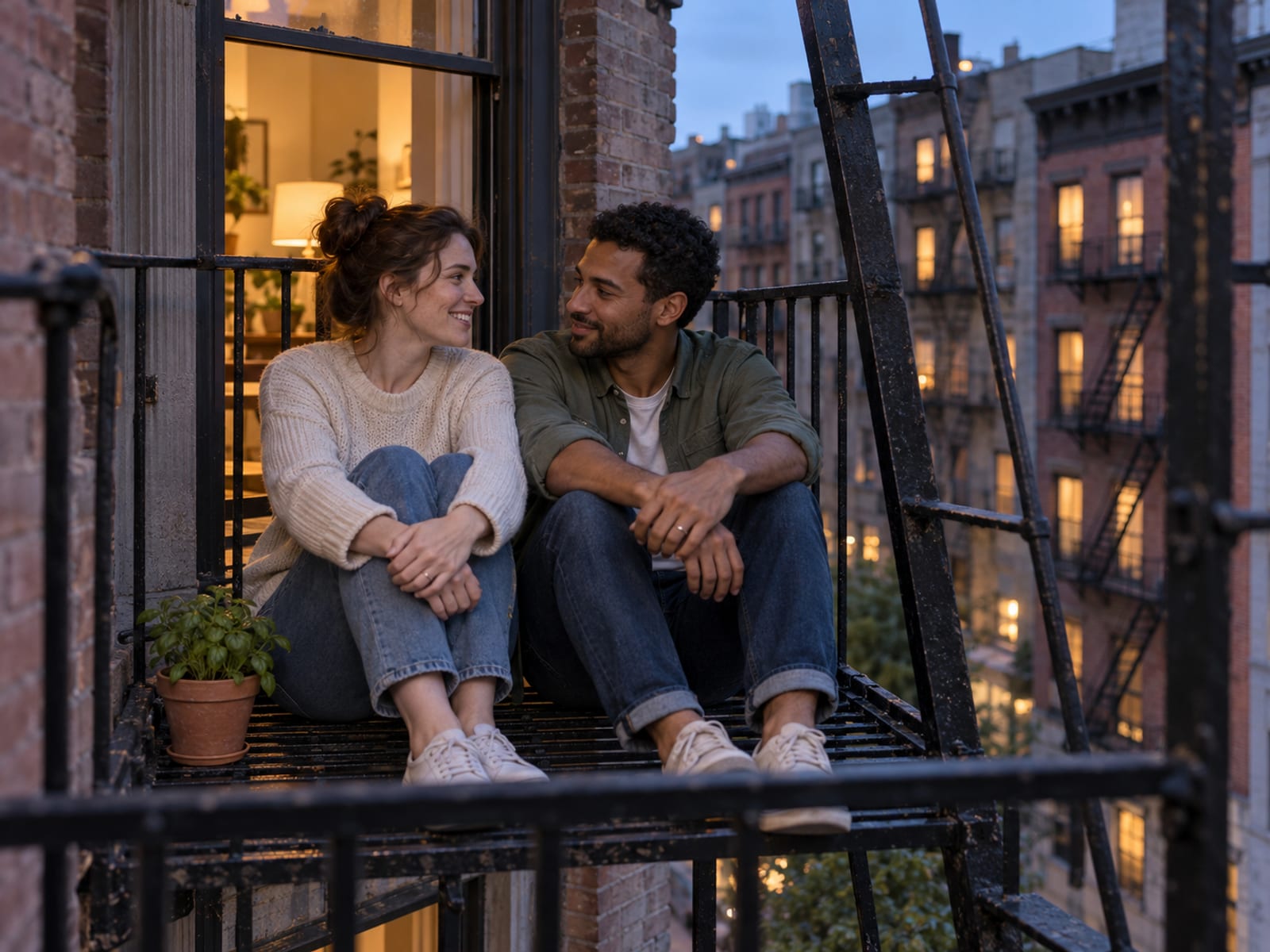 A woman and a man in their thirties, one with fair freckled skin and one with medium brown skin, sitting side by side on a black iron fire escape outside an open apartment window at dusk, talking quietly beside a potted herb, brick buildings across the street