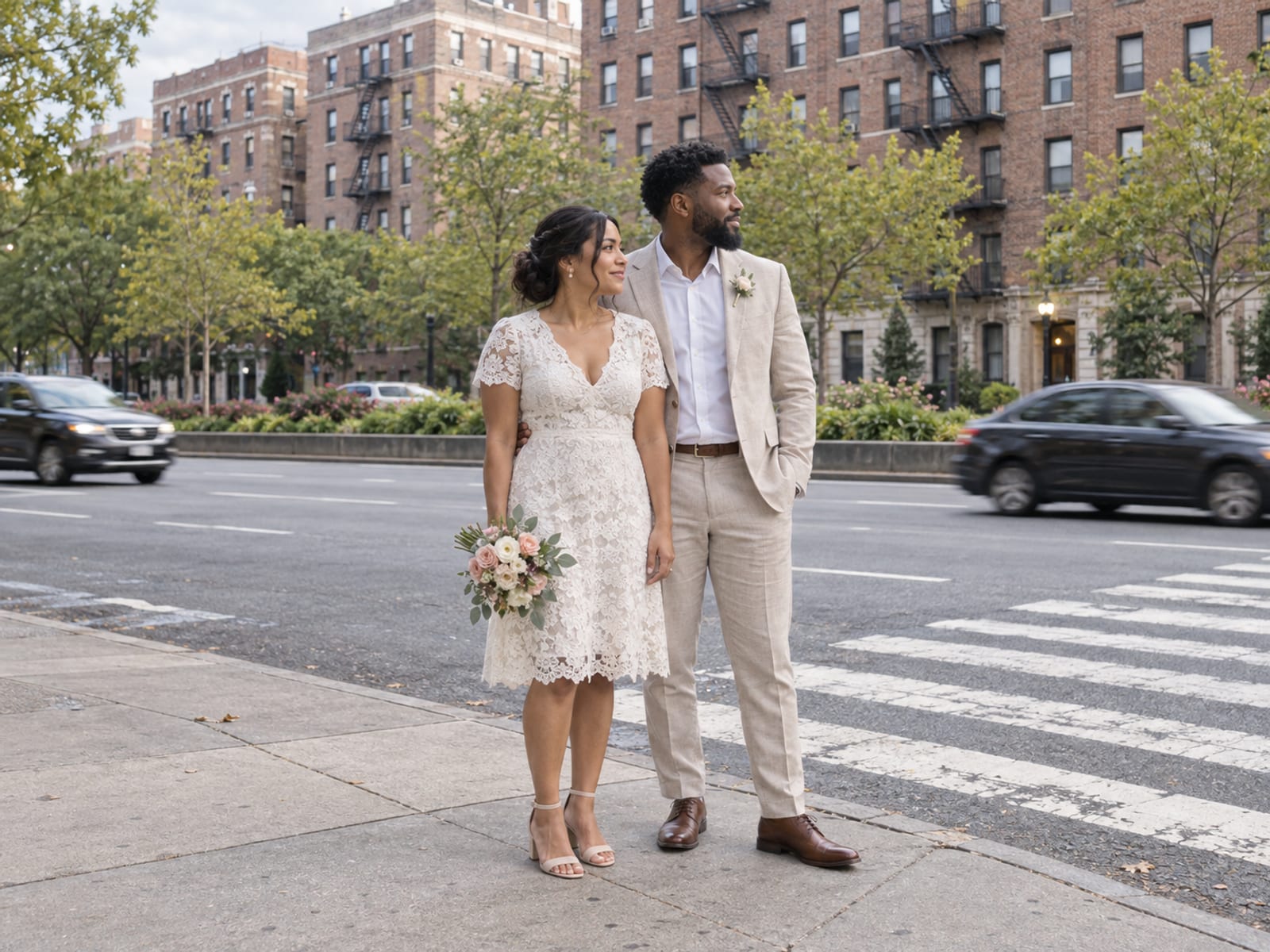 A woman in a lace dress holding a small bouquet and a man in a linen suit, in their thirties, one with warm tan skin and one with dark brown skin, waiting at a crosswalk on a wide boulevard with a planted median, tall brick apartment buildings behind and blurred traffic
