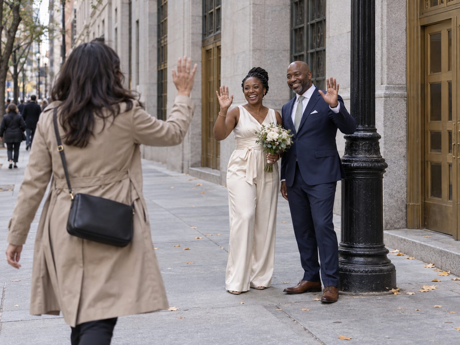A friend in everyday clothes hurrying up a downtown sidewalk and waving to a woman and a man in their forties, both with deep brown skin, she in a champagne jumpsuit and he in a navy suit, who wave back beside a black iron lamppost in front of granite buildings