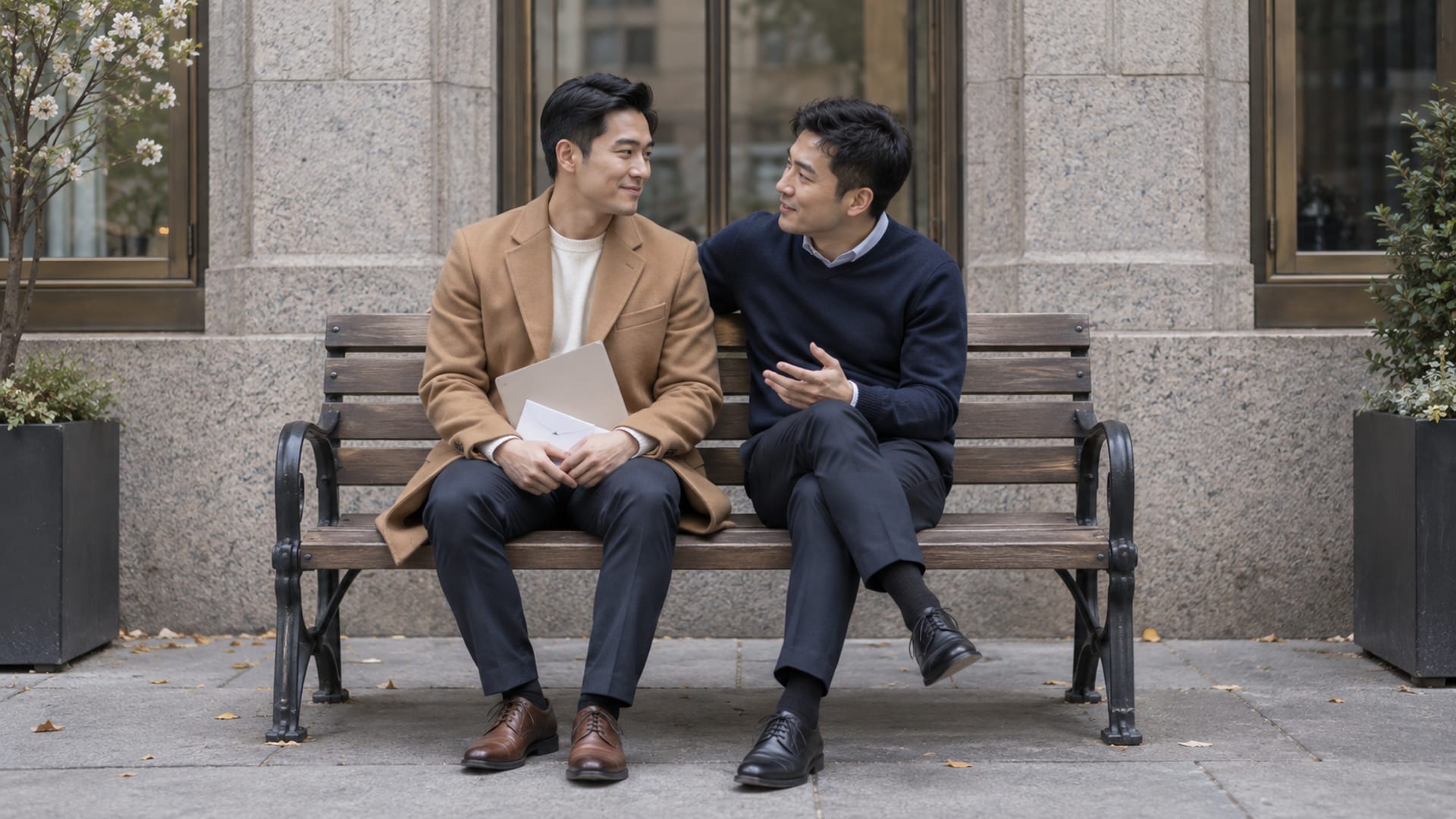 Two men in their twenties, both with light skin, sitting on a wooden bench on a narrow downtown sidewalk outside a granite civic building in the morning, one holding a closed folder and a plain envelope