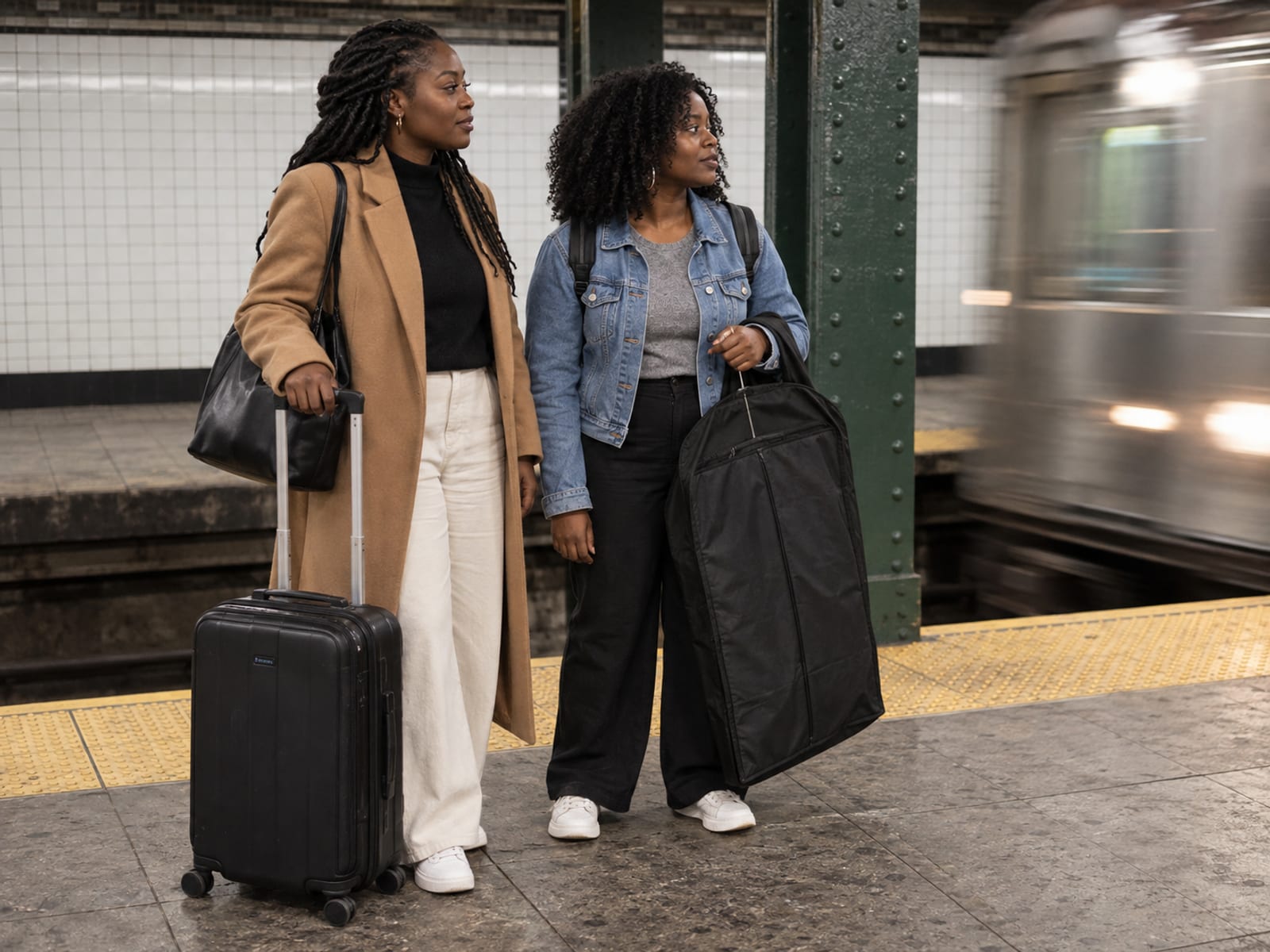 Two women in their thirties, both with deep brown skin, with a rolling suitcase and a garment bag waiting on a white tiled subway platform, a train arriving blurred at the edge