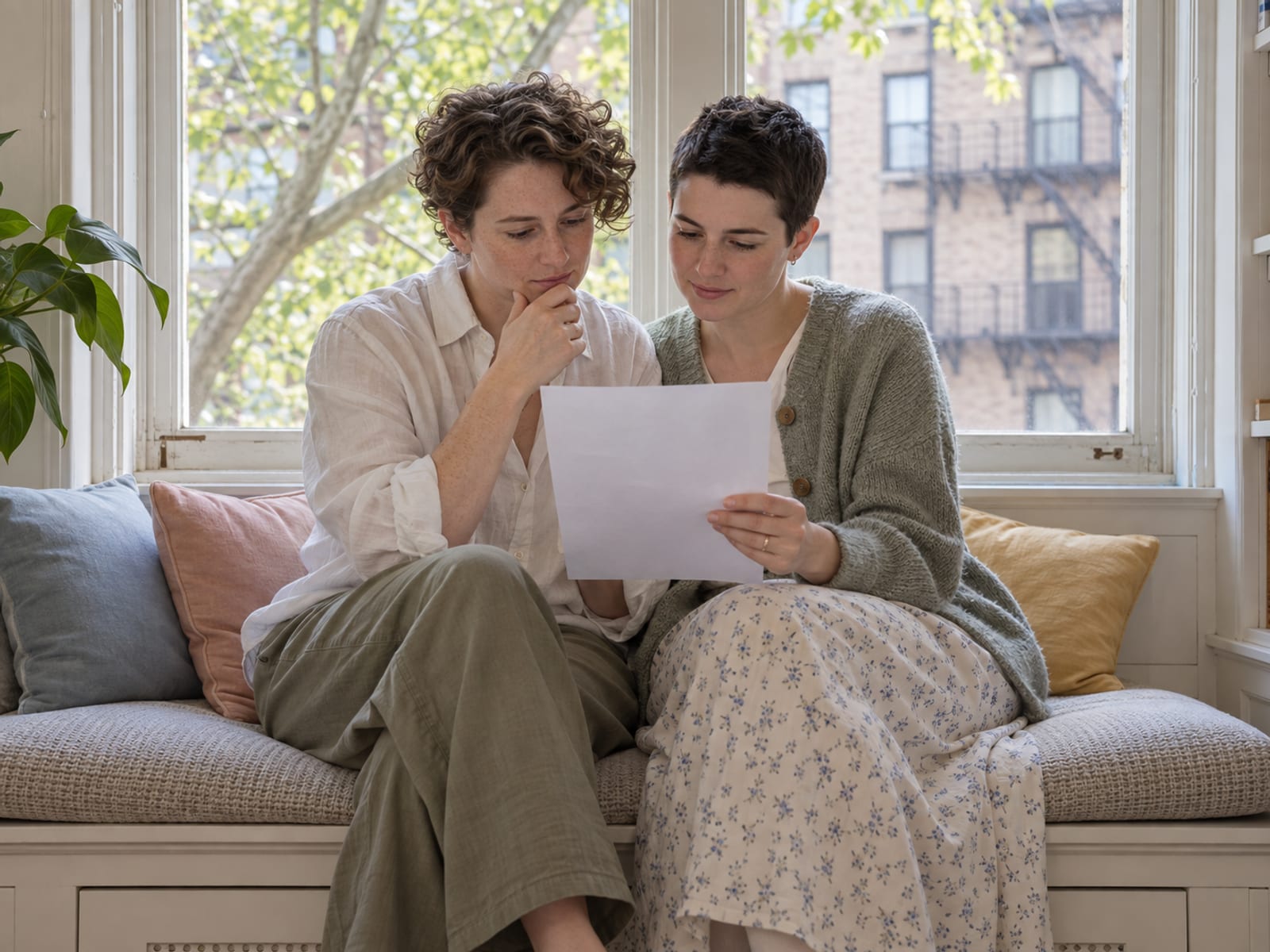 Two people in their thirties with fair skin on an apartment window seat, one holding a single sheet turned away so only its blank back shows, both looking at it thoughtfully