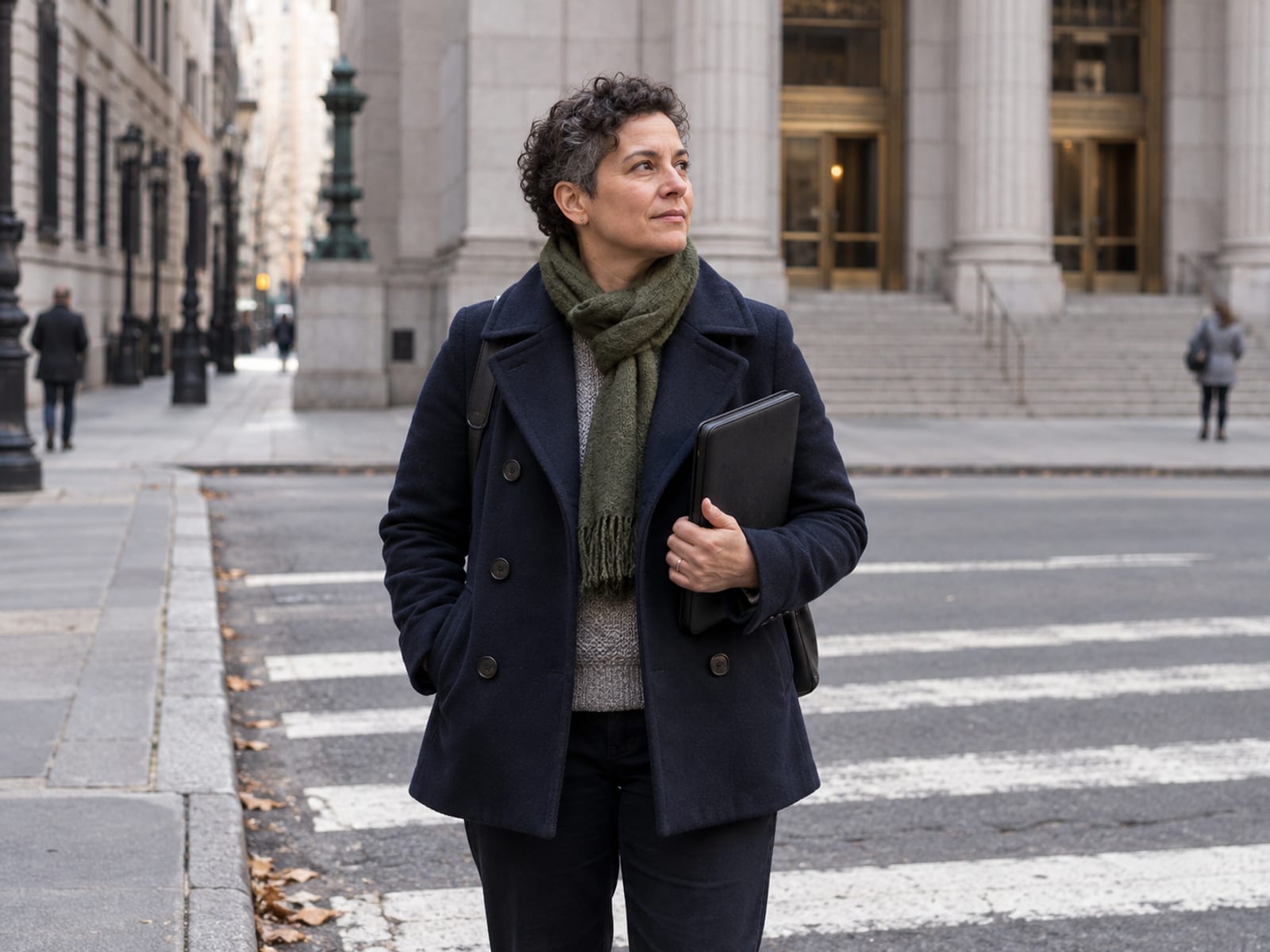 A person in their forties waiting at a crosswalk on a narrow downtown street with a closed ID folder under one arm, a granite civic building across the street