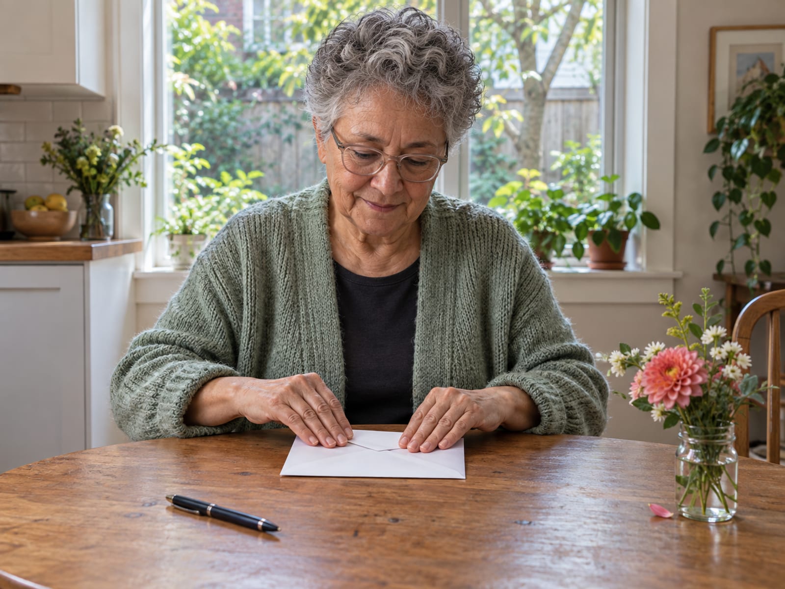 A person in their sixties at a round kitchen table pressing closed the flap of a plain envelope, a pen and a small jar of flowers on the table