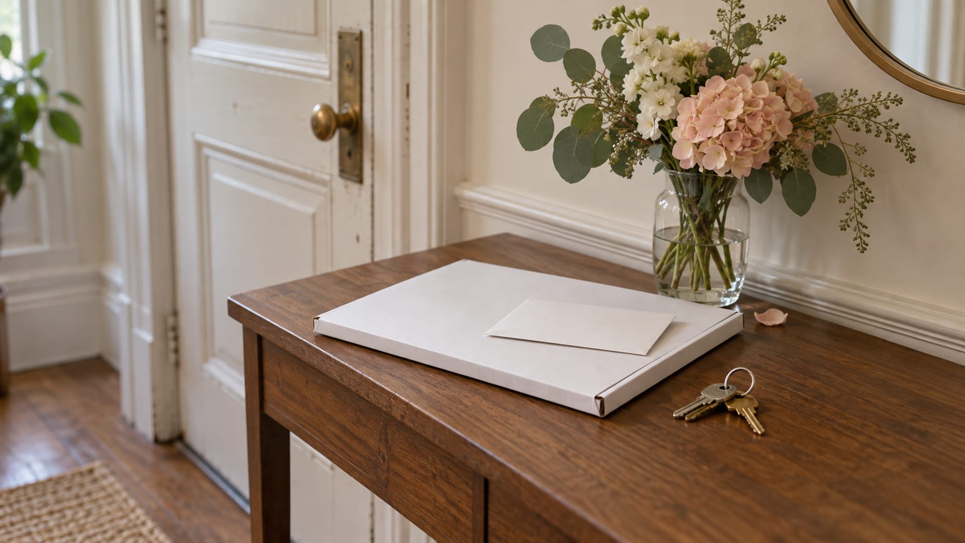 A stiff white document mailer and a small plain envelope on a hallway console table by an apartment door, with keys and a vase of flowers