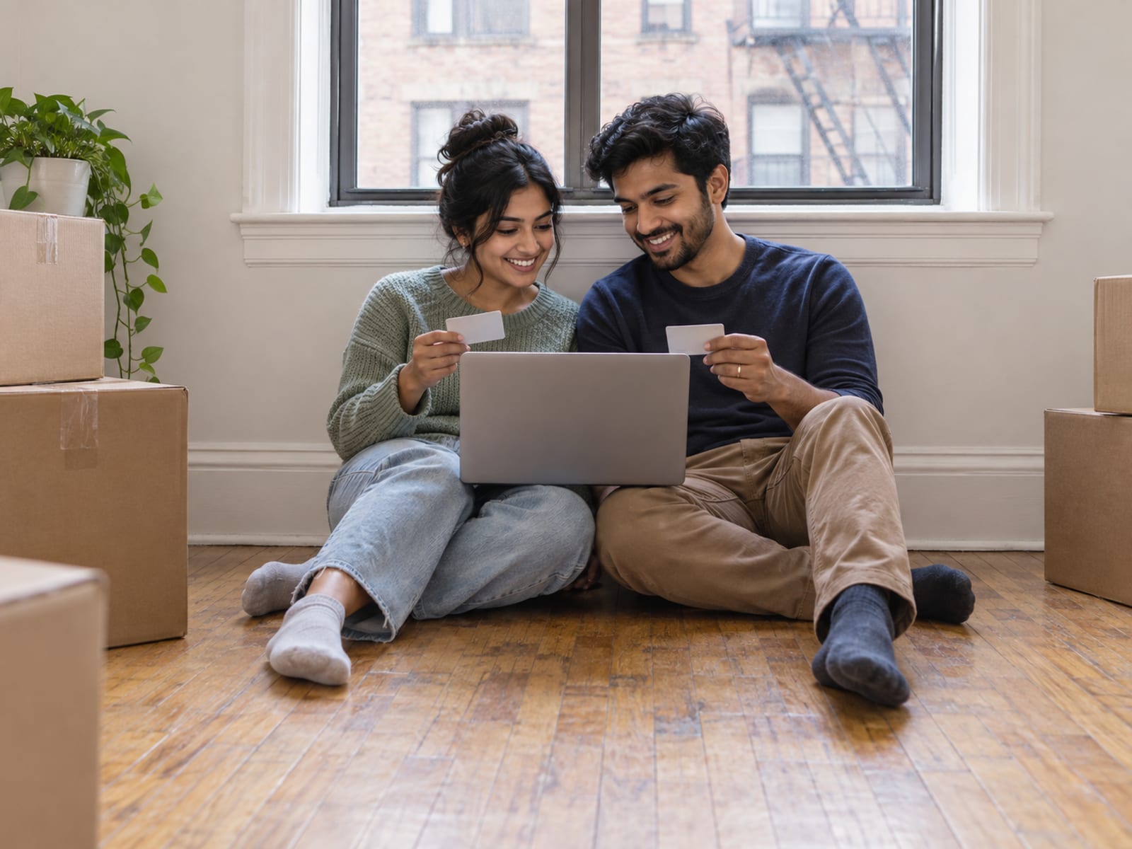A woman and a man in their twenties with warm tan skin sitting on the floor of a sparsely furnished apartment under a window, a laptop on one lap with its lid toward the camera, both holding ID cards