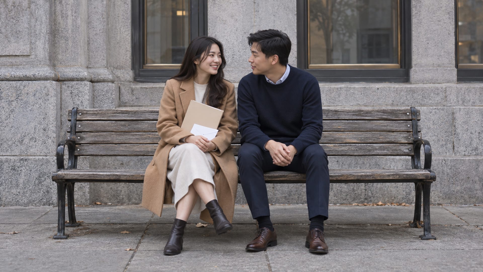 A woman and a man in their twenties, both with light skin, sitting on a wooden bench on a narrow downtown sidewalk outside a granite civic building in the morning, she holding a closed folder and a plain envelope