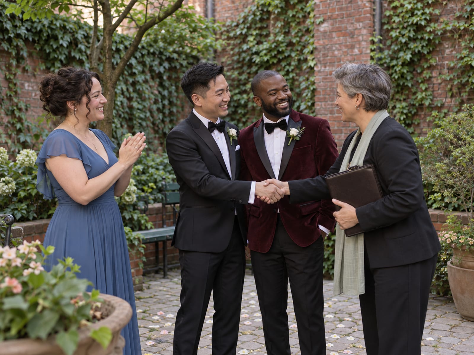 Two men in their thirties, one with light skin and East Asian features in a black tuxedo and one with deep brown skin in a burgundy velvet jacket, shaking hands and laughing with the officiant and a witness in an ivy-walled brick courtyard