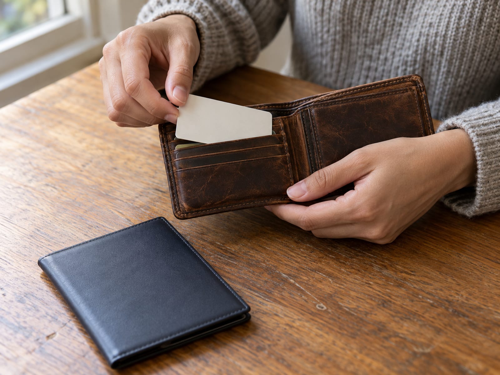 Hands taking a plain blank payment card out of a brown leather wallet above a closed ID folder on a wooden table