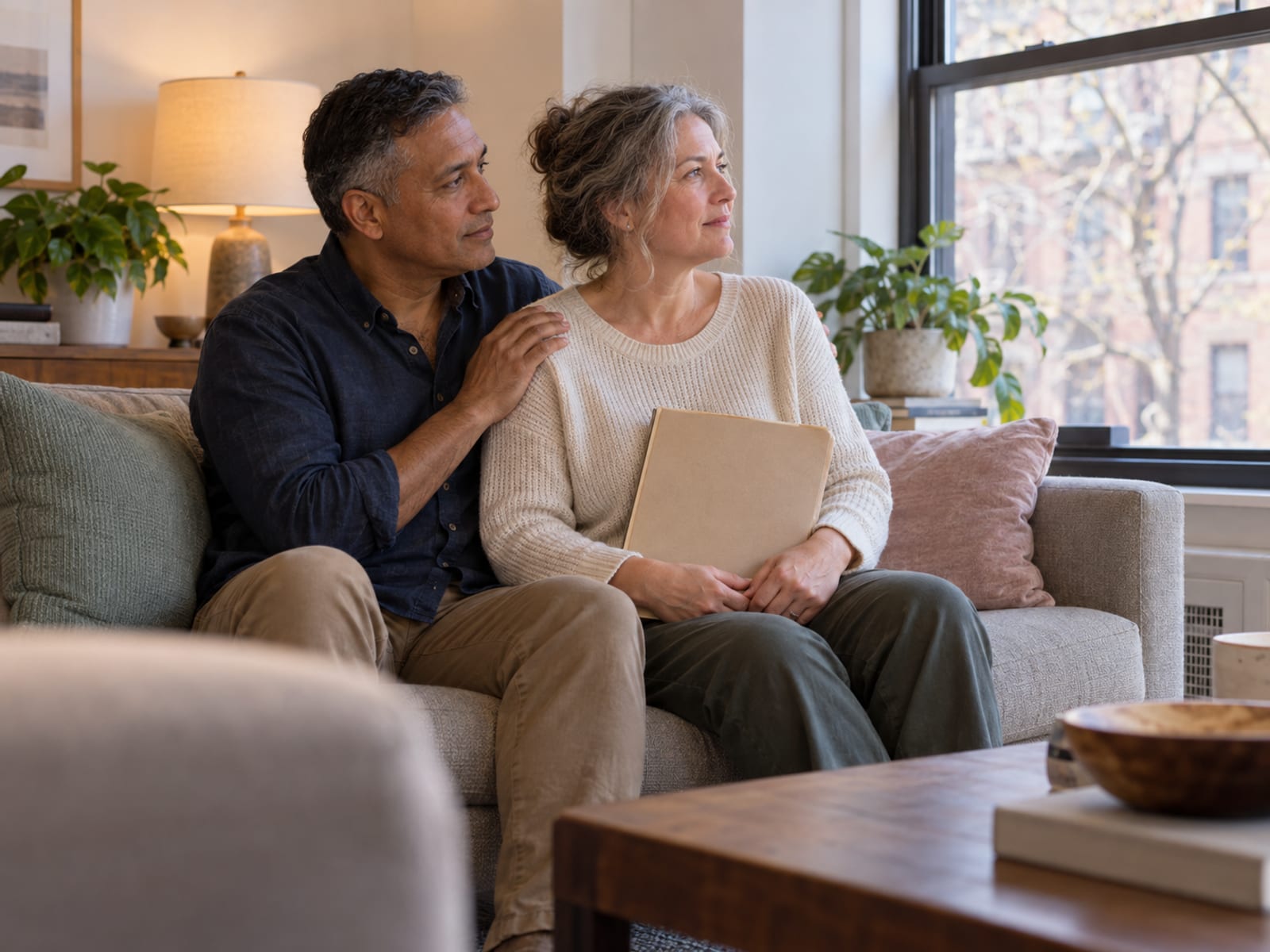 A woman in her fifties with pale skin on a sofa holding a closed stiff cardboard document folder and looking out the window, her partner, a man with golden brown skin, beside her with a hand on her shoulder
