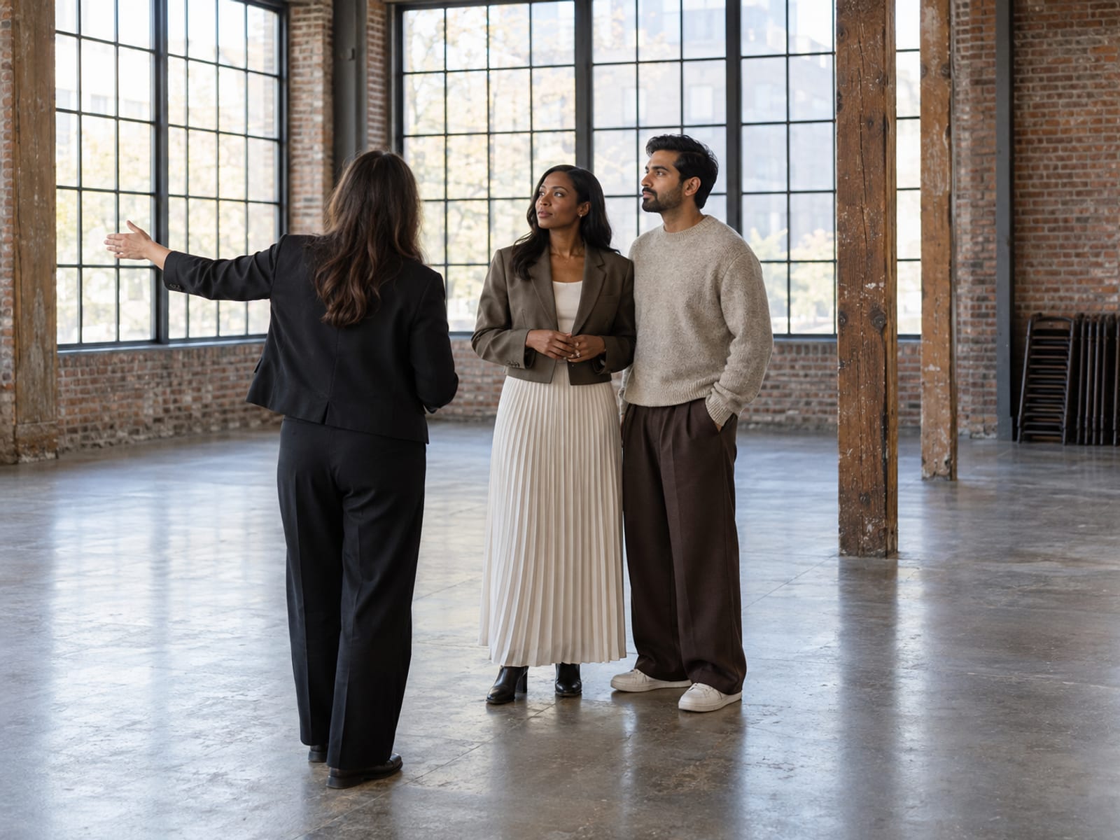 A woman and a man in their thirties, she with dark skin and he with light tan skin, shown around an empty event loft by a venue manager seen from behind, a polished concrete floor, tall steel windows and stacked chairs by a brick wall