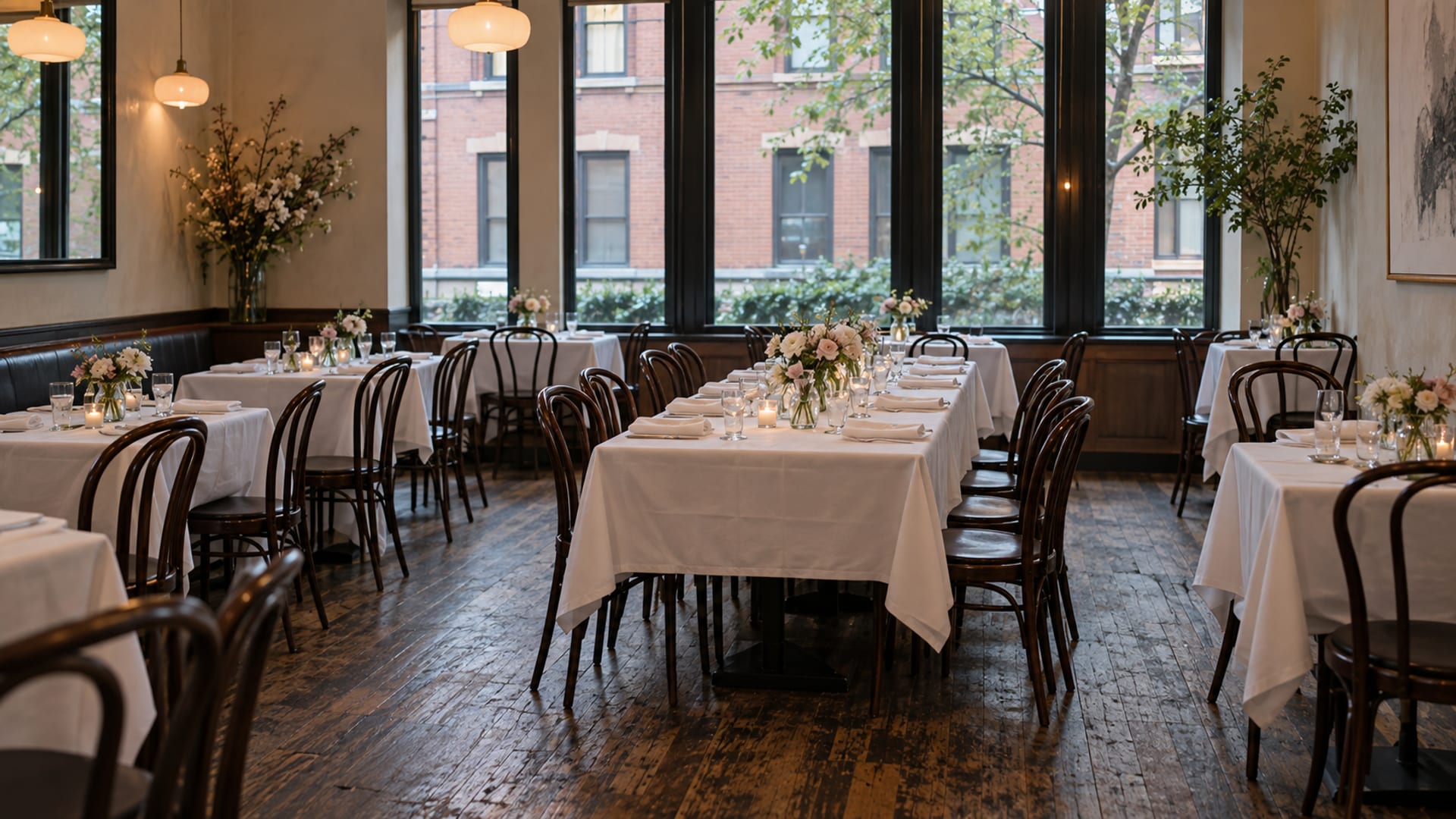 A small restaurant dining room set for a wedding lunch with white linen tables, bud vases and bentwood chairs, tall windows onto a street