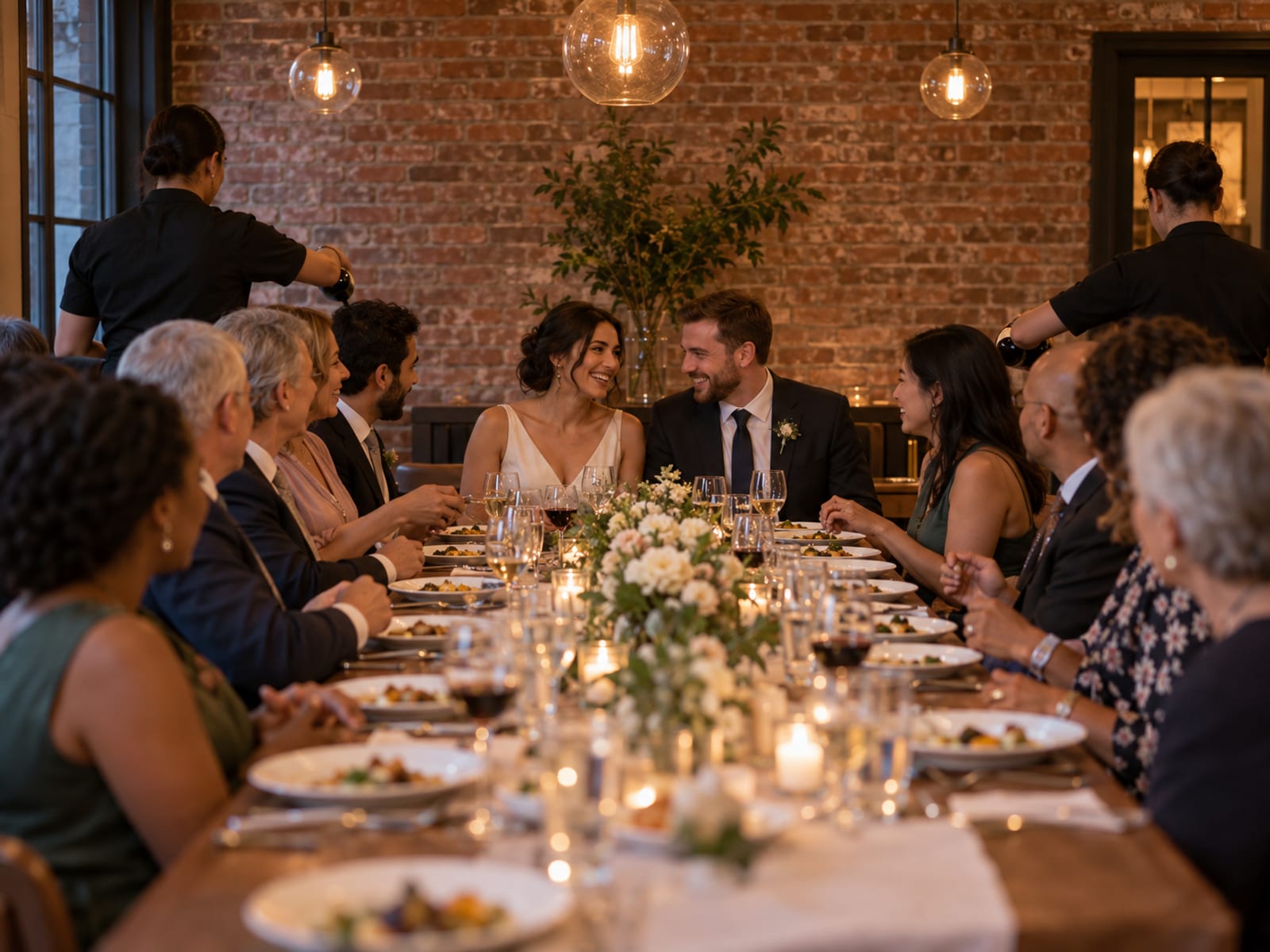A woman and a man in their thirties, one with medium olive skin and one with fair skin, with about twenty guests at one long table mid-meal in a restaurant private dining room, servers seen from behind pouring wine