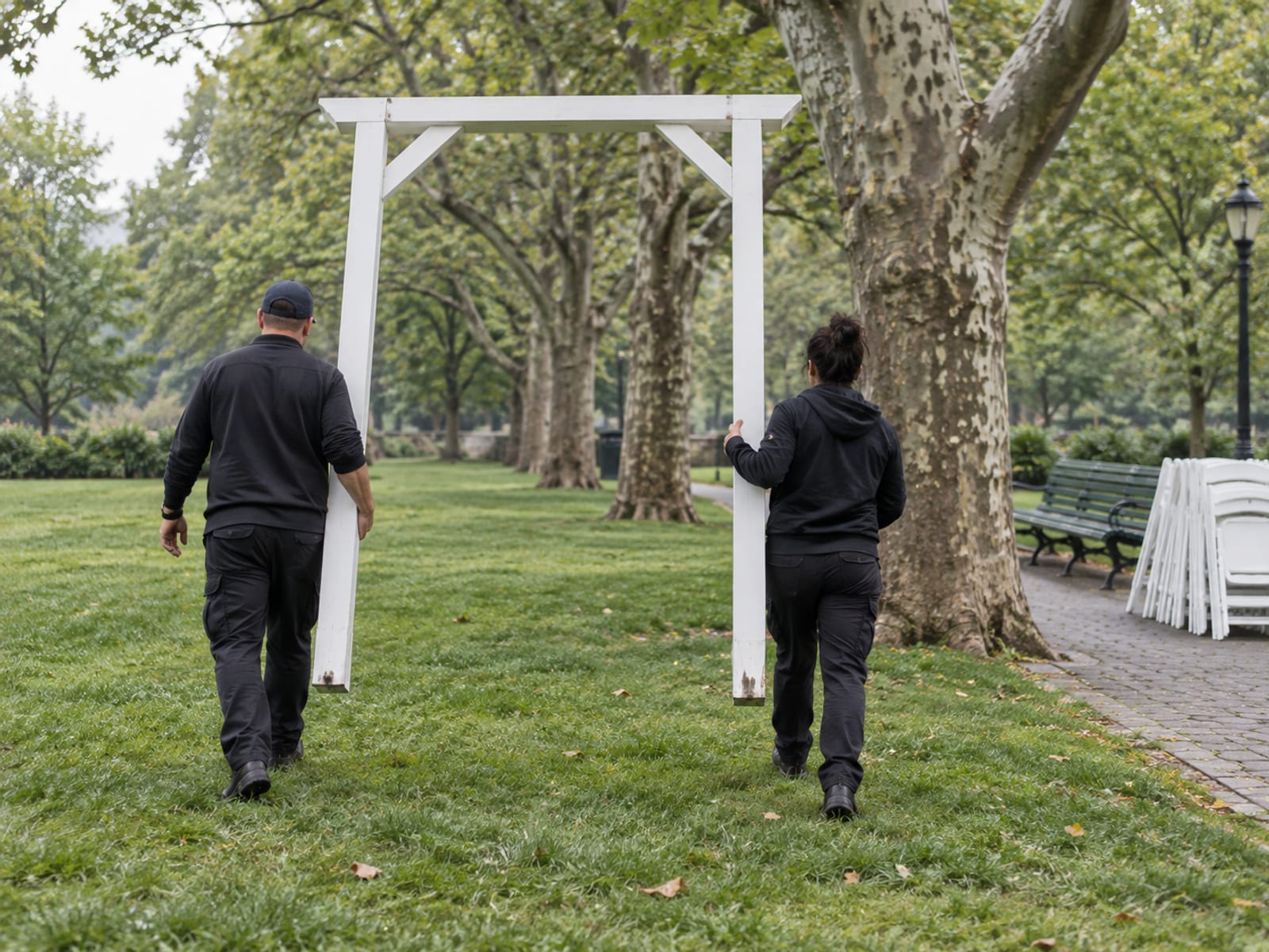 Two event vendors seen from behind carrying a simple white wooden ceremony arch across a park lawn under plane trees, a stack of white folding chairs by a paved path